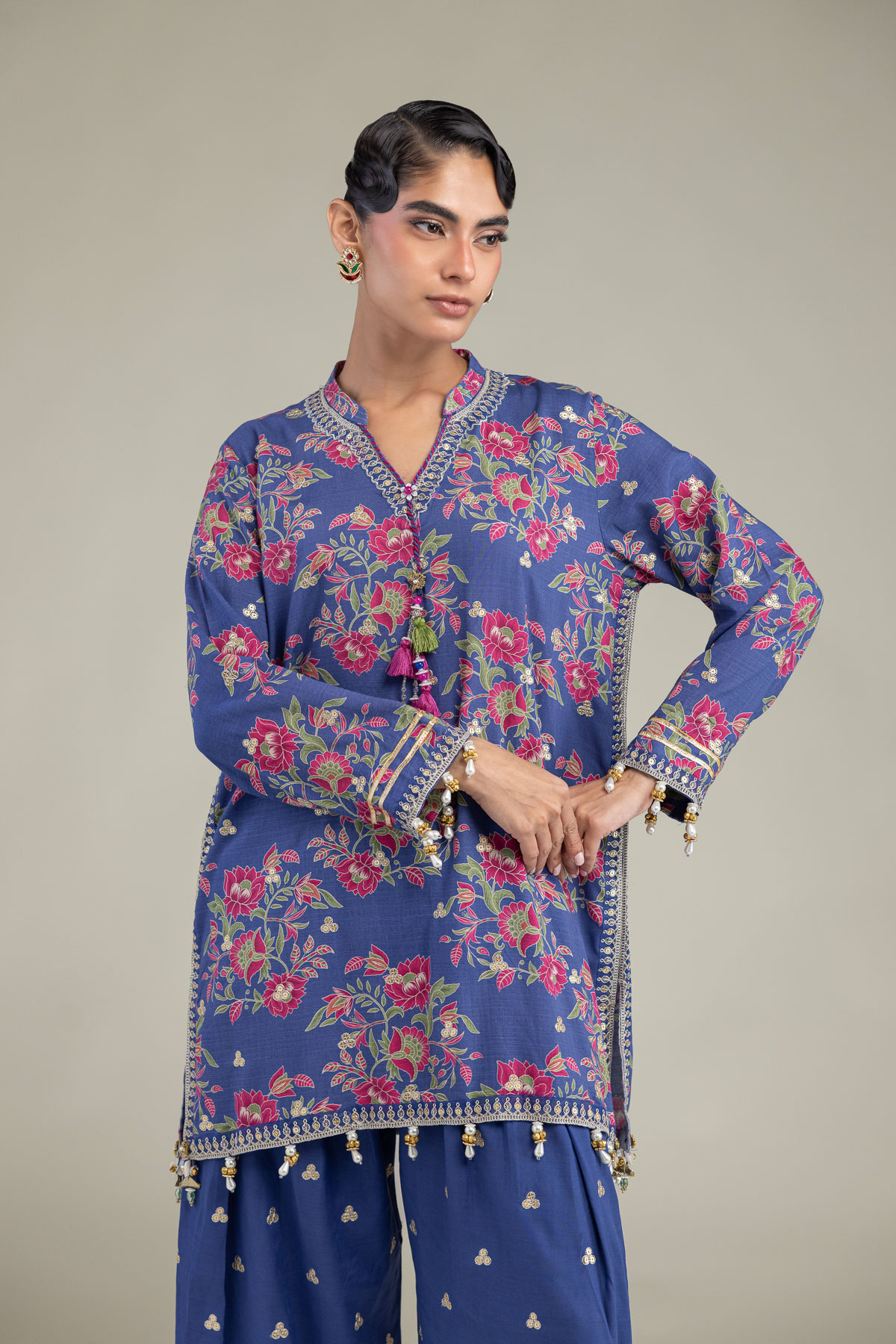 Embroidered Raw Silk Blue V-Neck Kurta - 1-26-102-A-F-VG