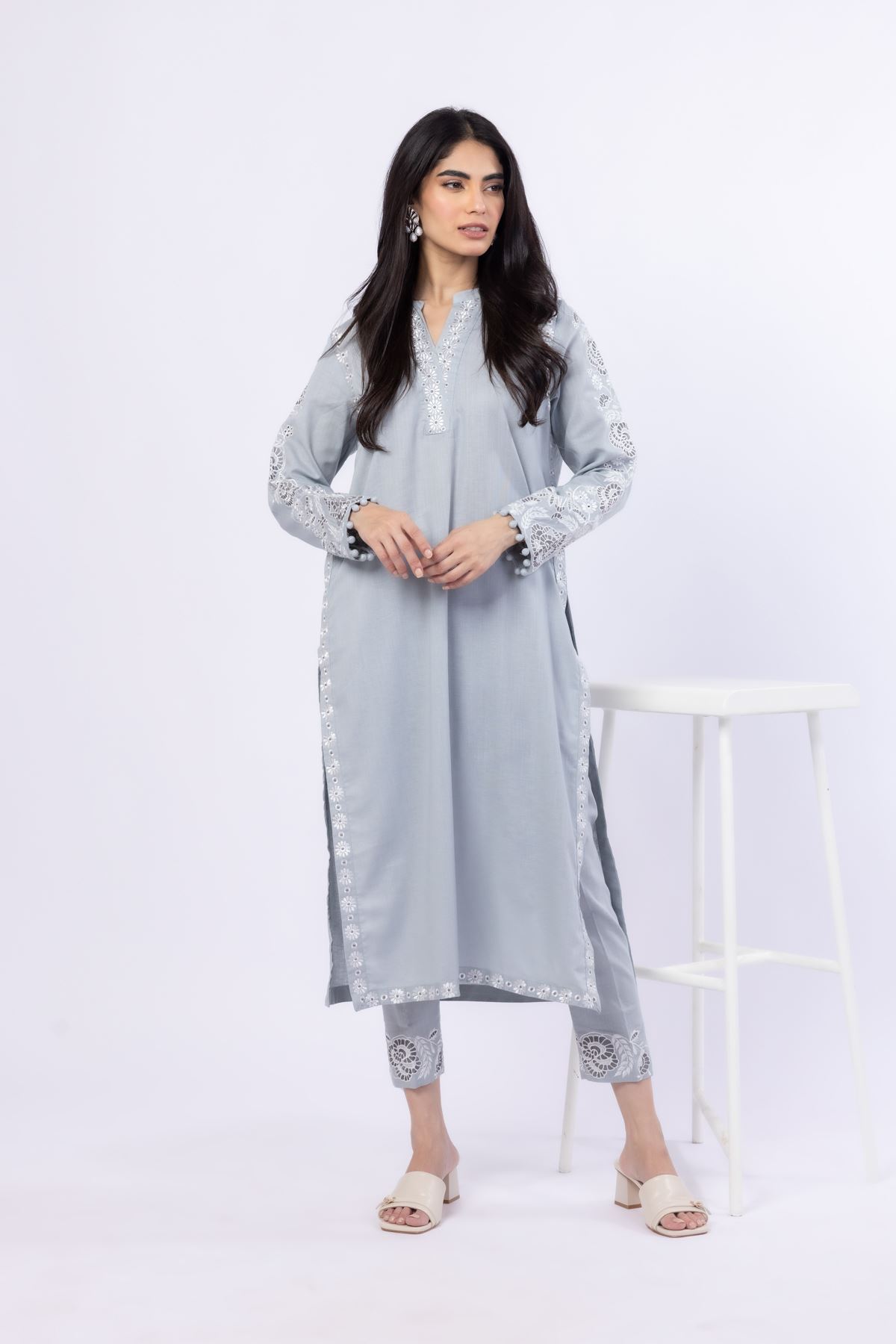 Embroidered Linen Cotton Pants - 1-26-115-C-E-VG