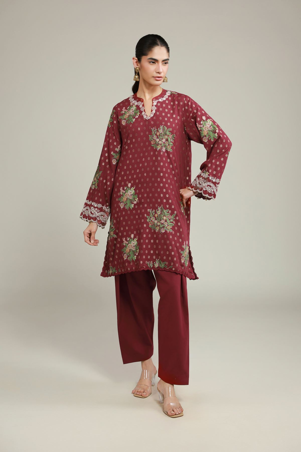 Embroidered Jacquard Maroon Tailored Suit - T-A113-26-101EG2-VG