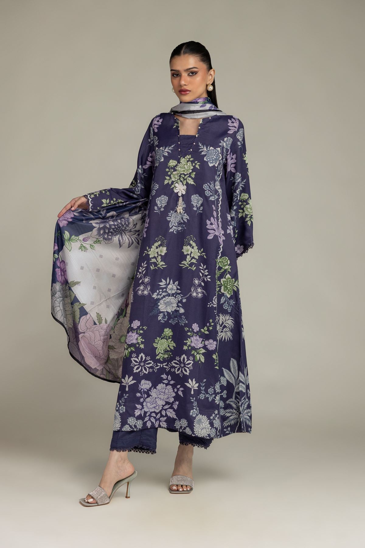 Embroidered Polyester Silk Floral Navy Dupatta - 2-26-208-A-E1-VG