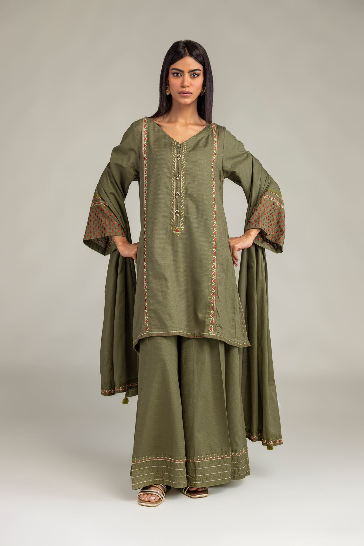 Embroidered Lawn Olive Lawn Dupatta - 2-26-308-A-G1-VG