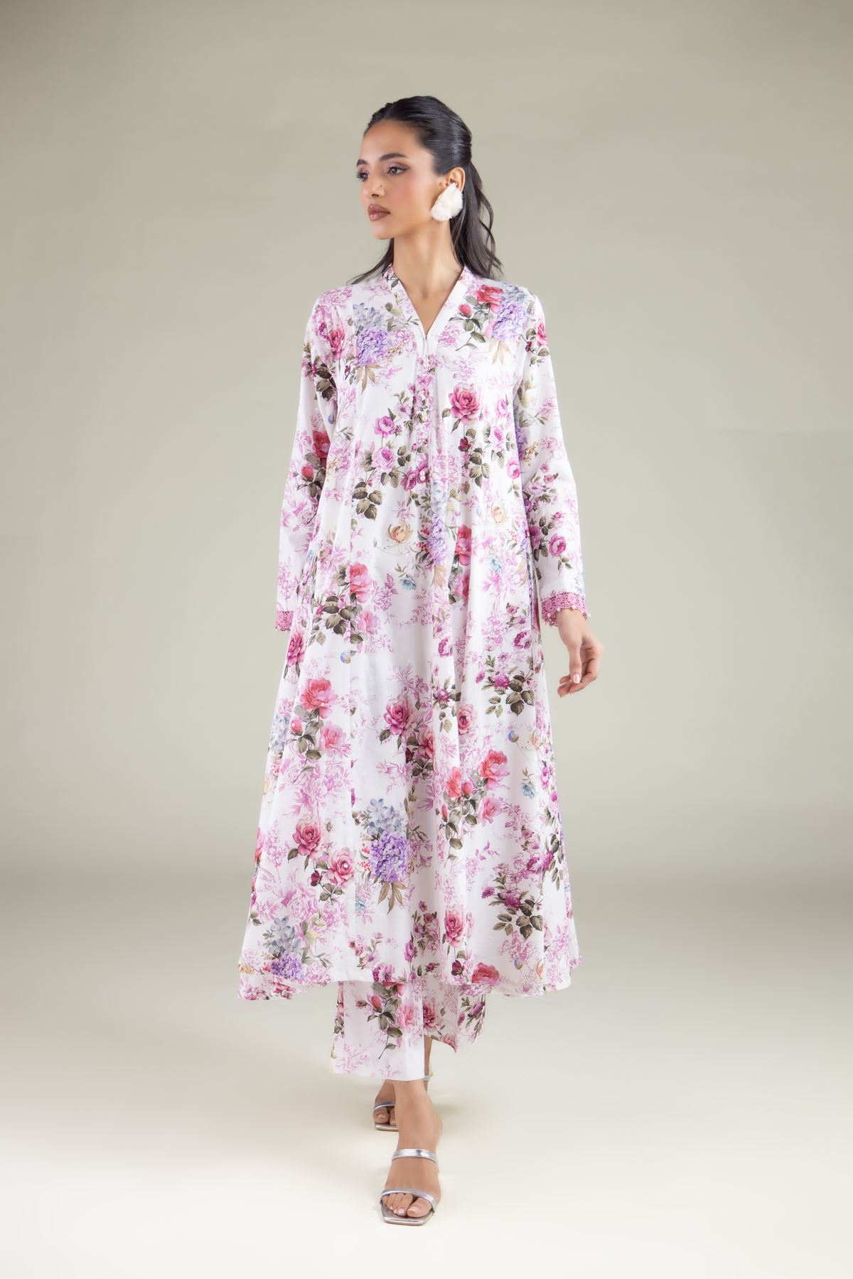 Embroidered Cambric Floral Longline Kurta - T-A22-26-105FD2-VG