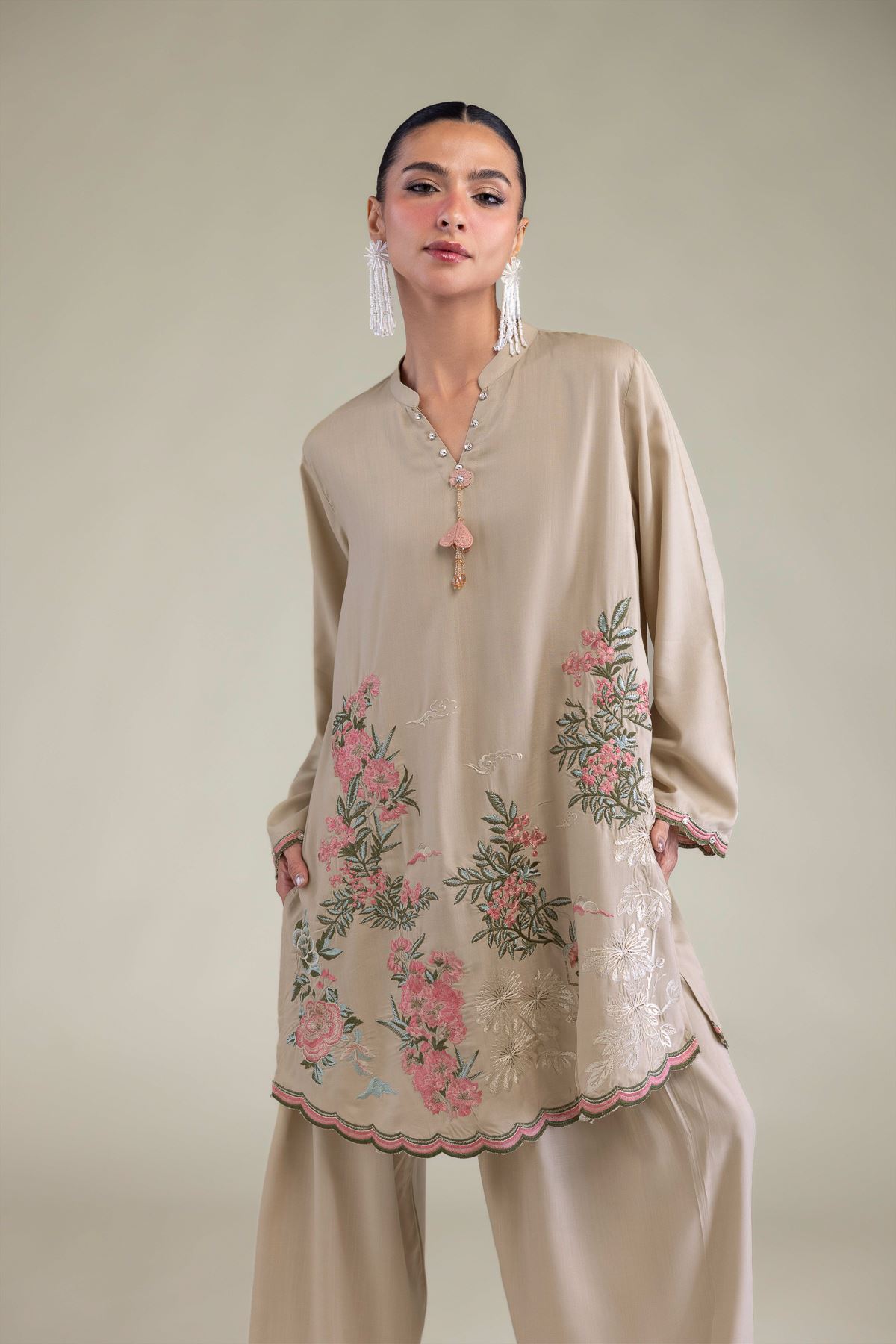 Embroidered Raw Silk Band Collar Kurta - 2-26-202-A-B-VG