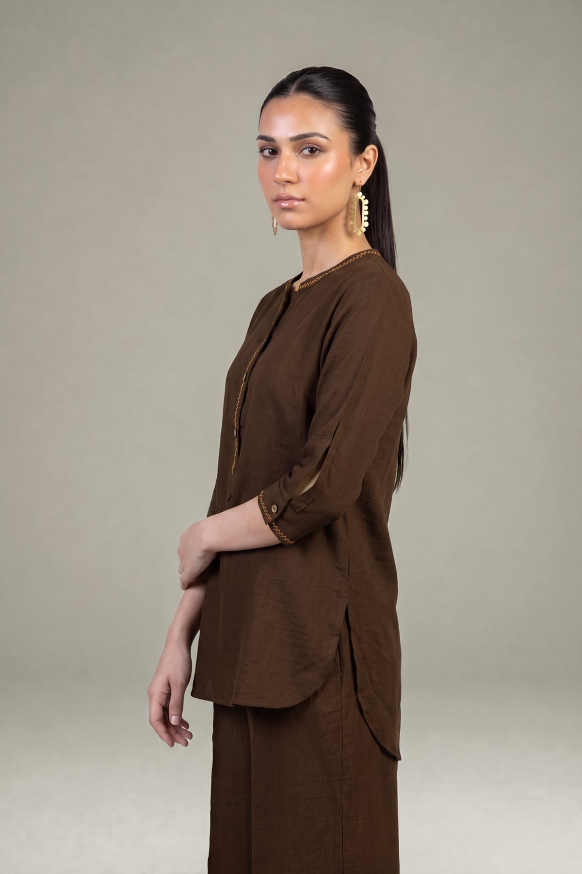 Dyed Crepe Brown Crepe Shirt - 1-26-408-A-A1-VG