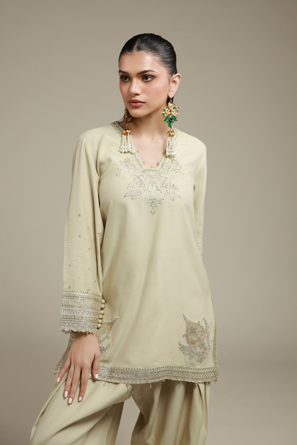 Embroidered Raw Silk 2 Piece Co-ord Set | Top and Bottom - A33-26-106FC-VG
