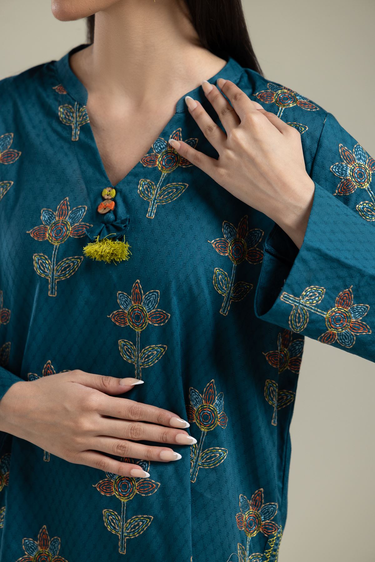 Embroidered Cotton Dobby Floral Teal Kurta - 2-26-109-A-H-VG