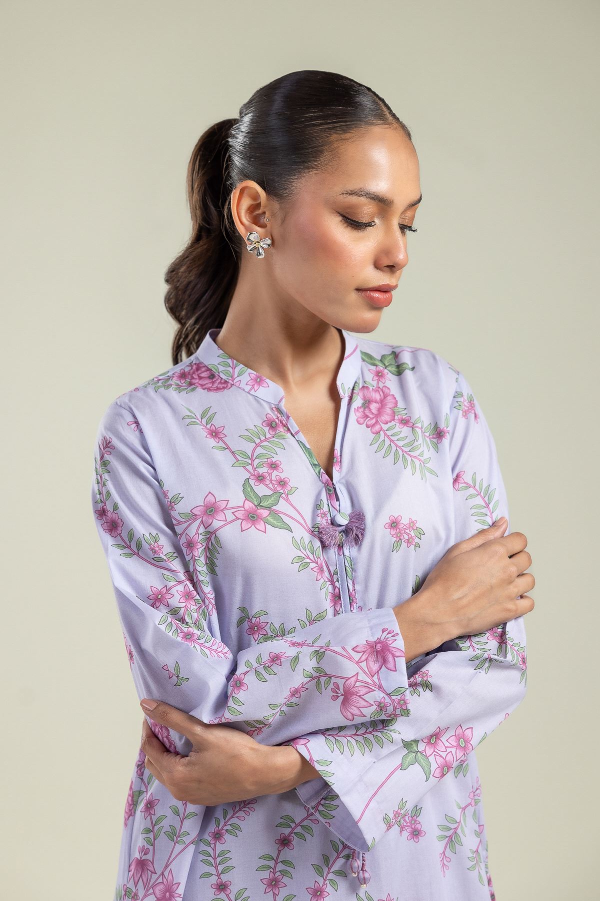 Printed Cambric Floral Longline Kurta - 26-01-1E5-08TB-VG