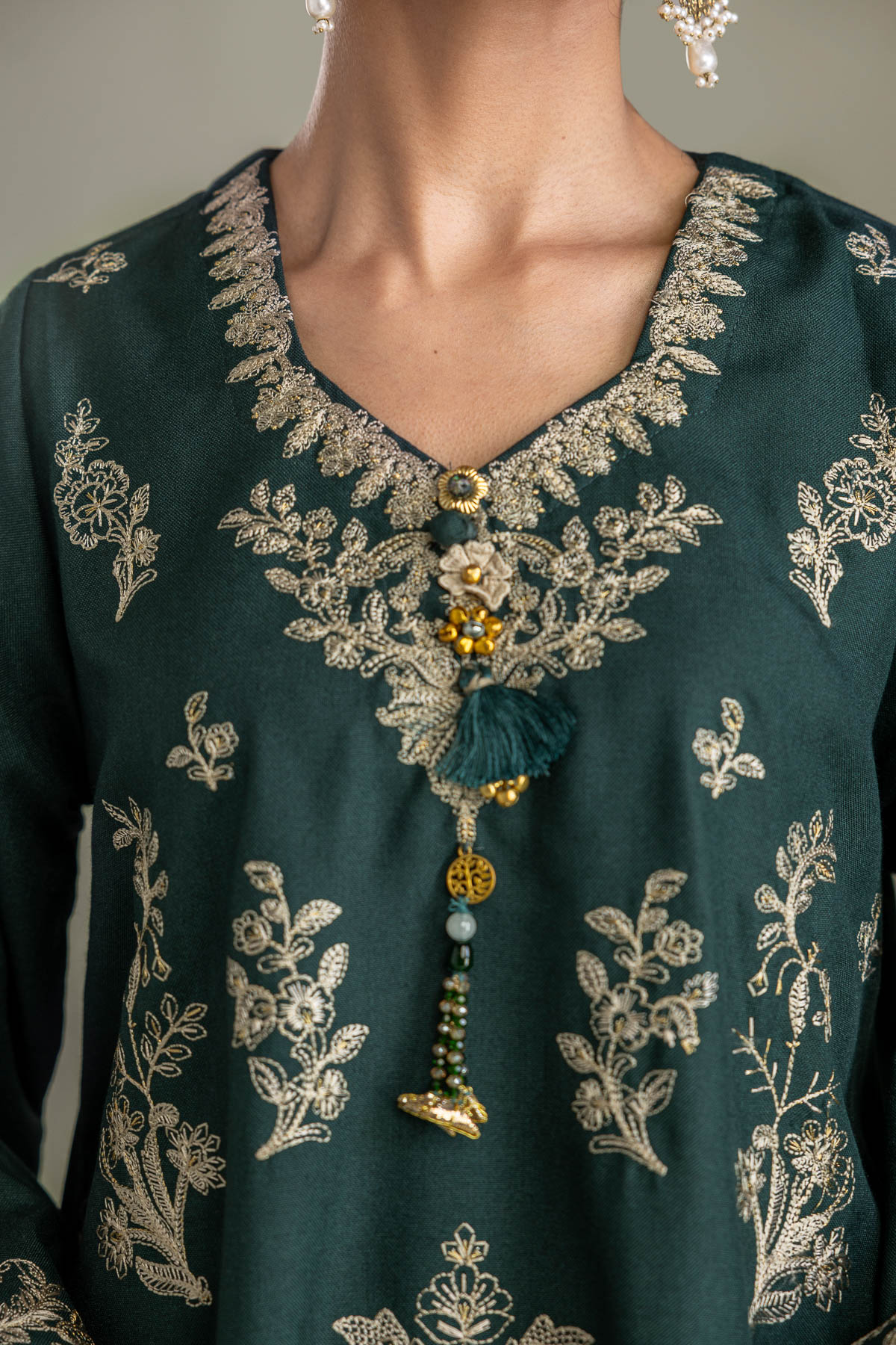 Embroidered Heavy Blended Viscose Dark Green Kurta - 1-26-433-A-D1-VG