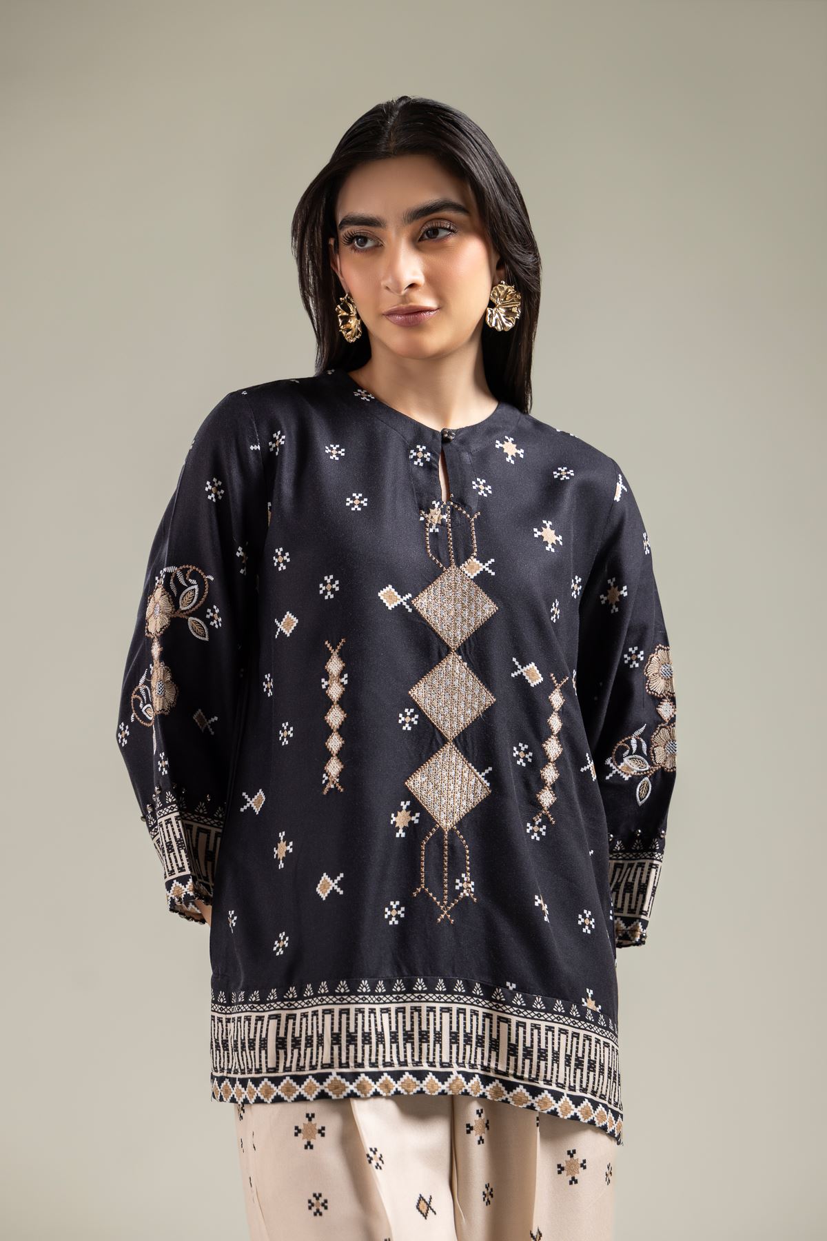 Embroidered Viscose Crepe Black Viscose Tunic - 1-26-142-A-D-VG