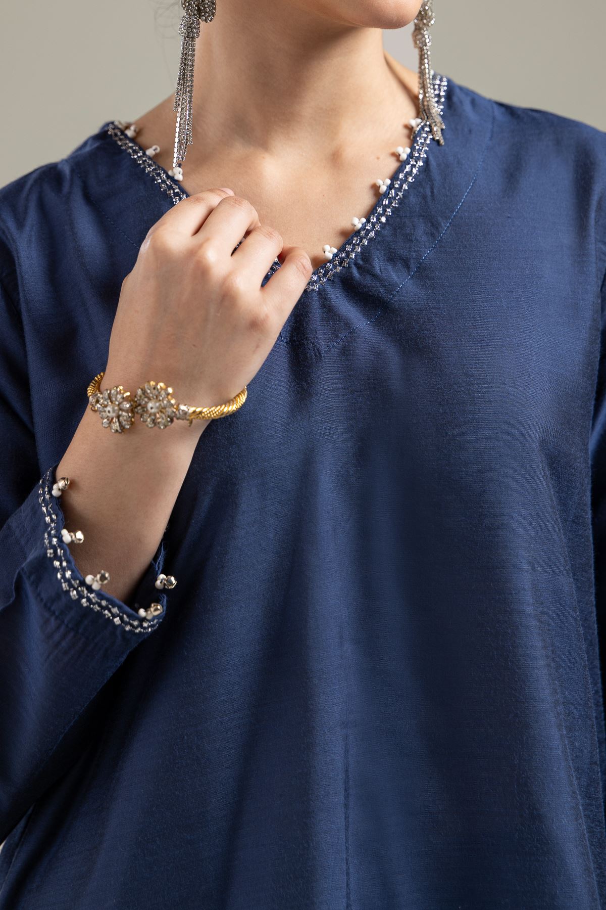 Raw Silk Navy V-Neck Kurta - 6-26-206-A-J2-VG