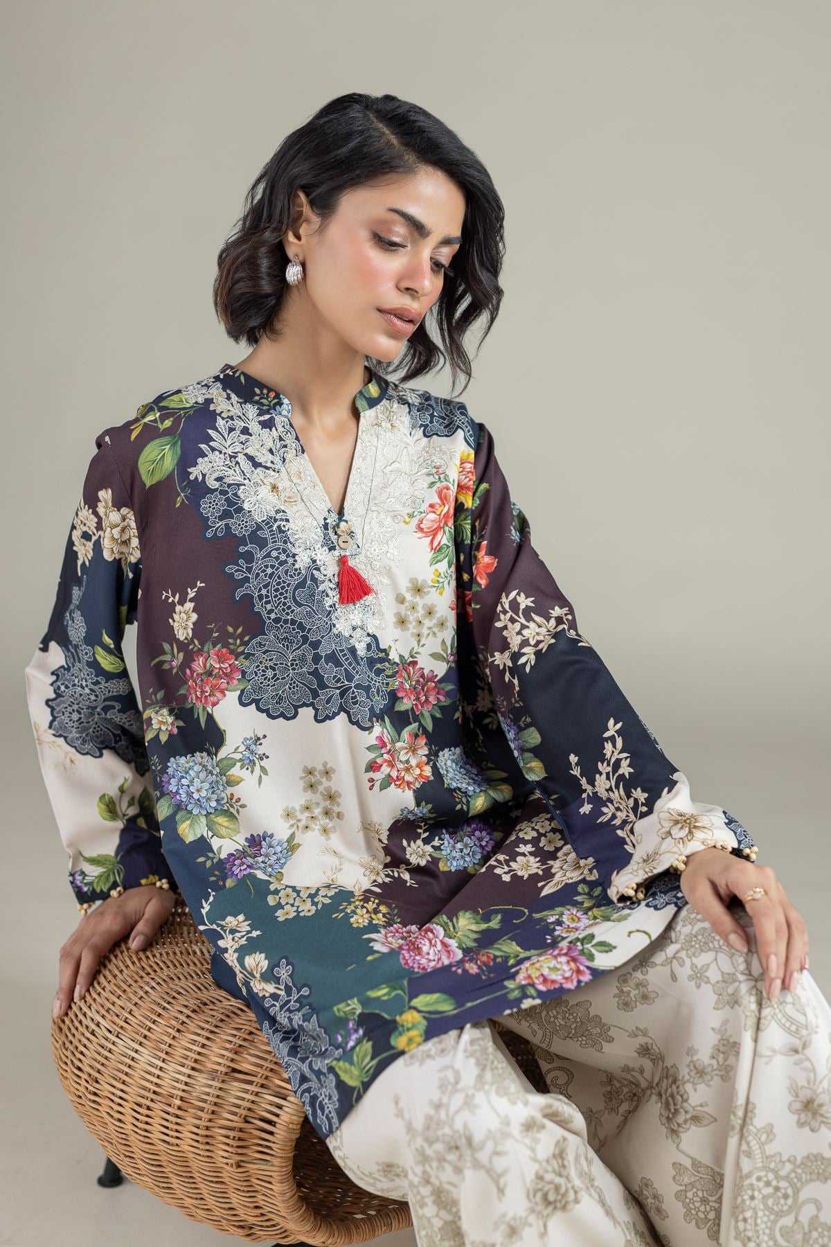 Embroidered Marina Floral Tassel Kurta - 25-10-11E12-03TB-VG