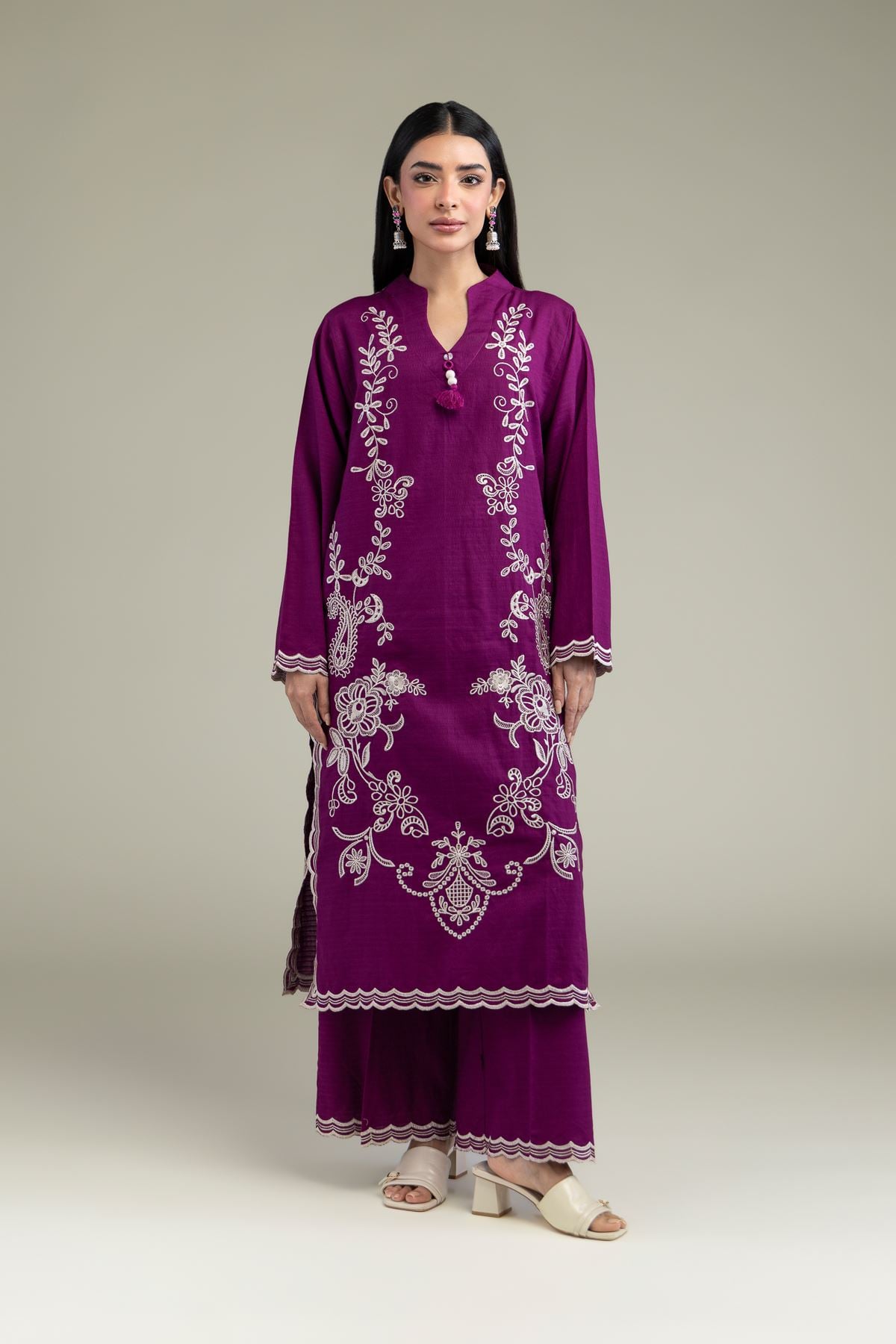 Embroidered Cotton Dobby Purple Cotton Pants - 25-10-11E8-03TA-VG