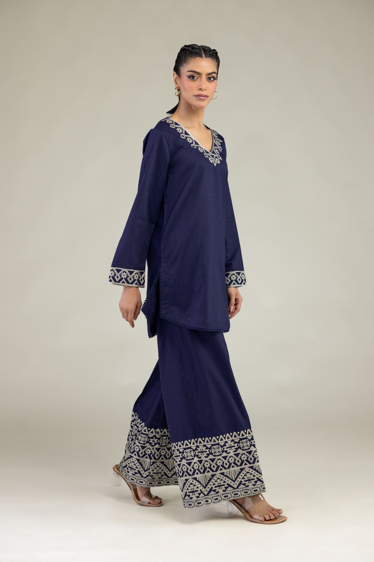Embroidered Cotton Dobby Cotton Navy Pants - 25-09-11E13-04TA-VG