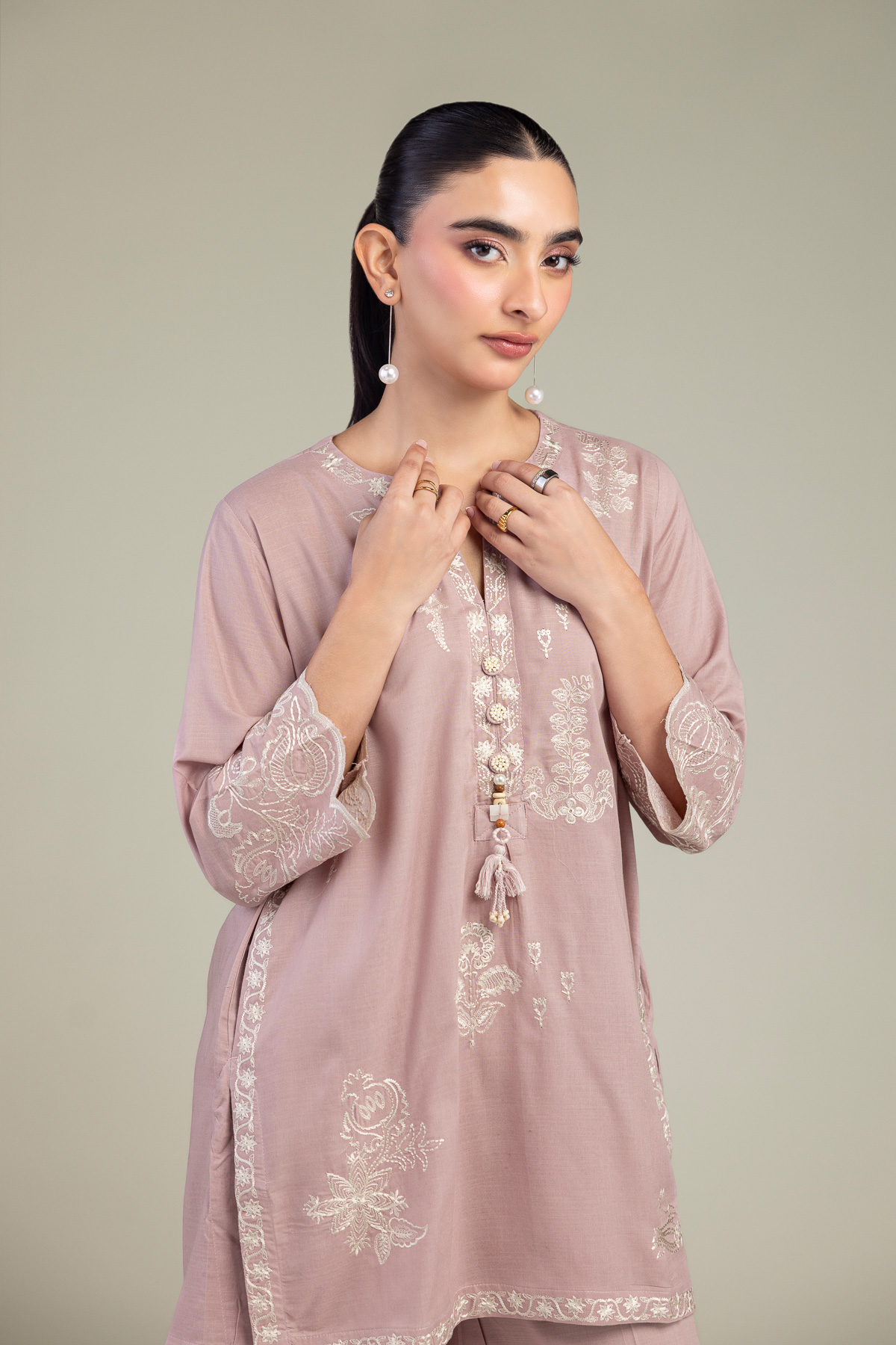 Embroidered Raw Silk V-Neck Pink Kurta - 1-26-309-B-D1-VG