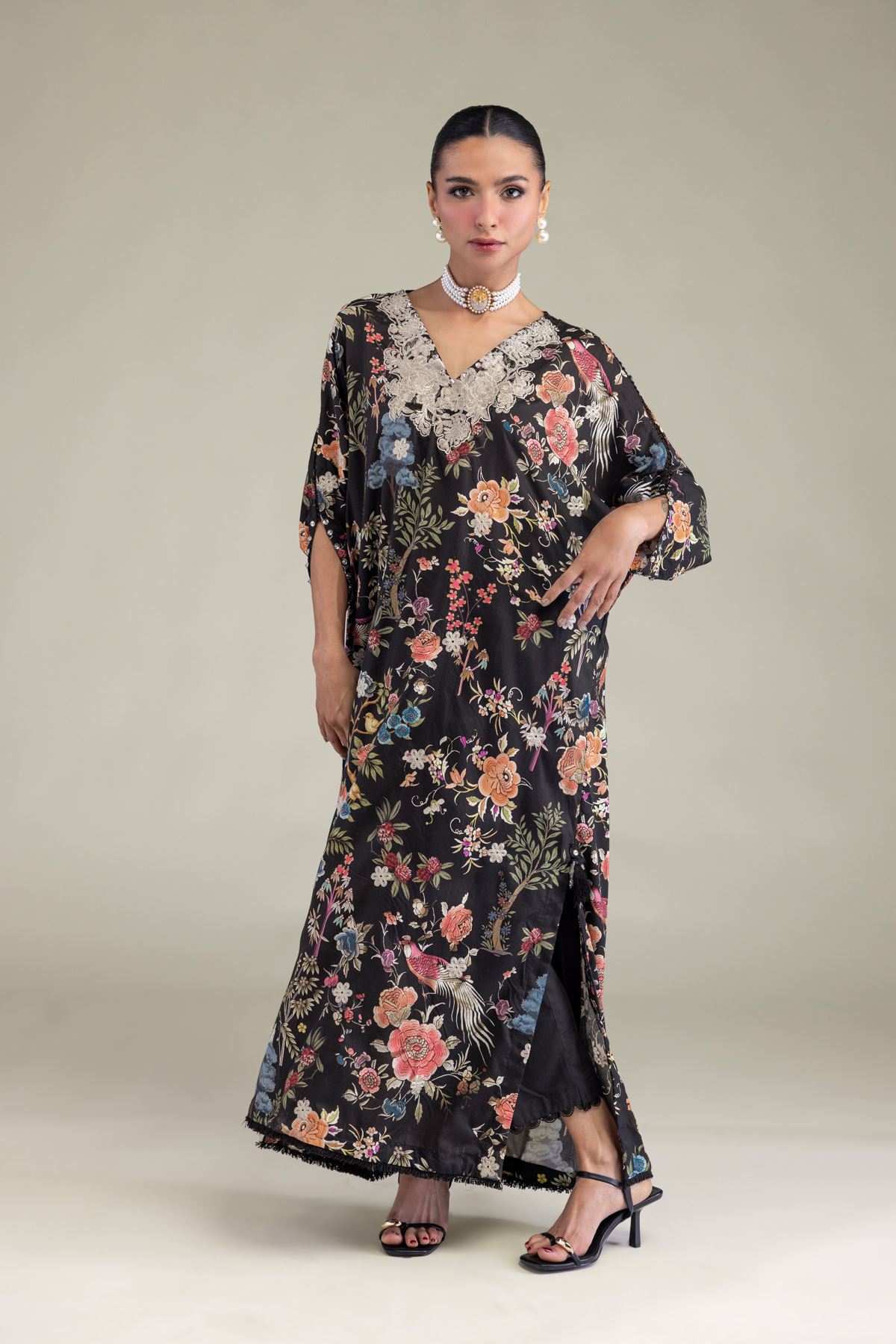 Embroidered Raw Silk Black V-Neck Kurta - 8-26-201-A-B1-VG