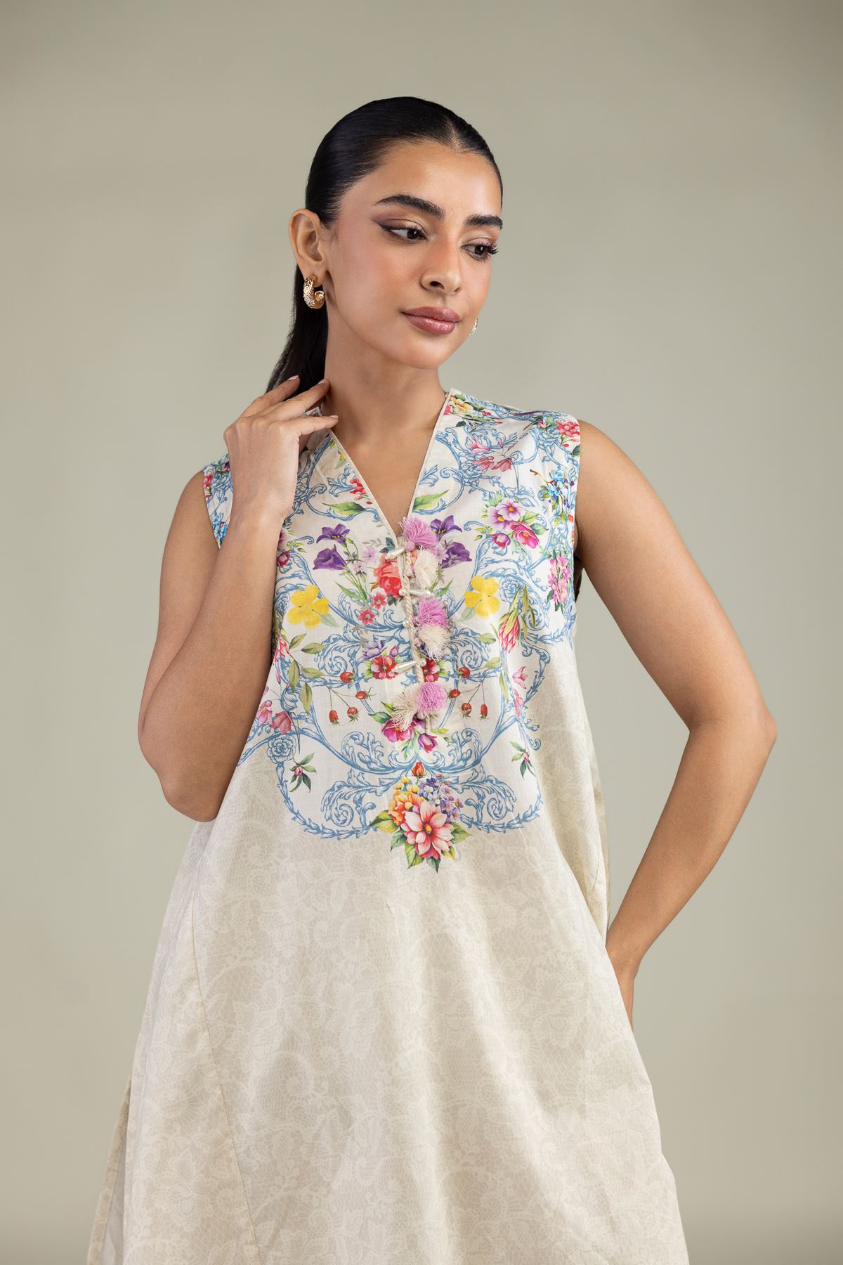 Printed Cotton Dobby Sleeveless Floral Kurta - 1-26-229-B-F1-VG