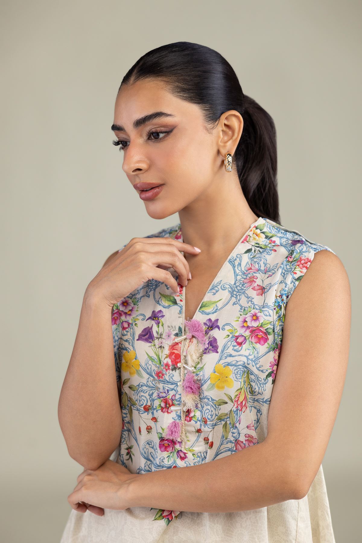 Printed Cotton Dobby Sleeveless Floral Kurta - 1-26-229-B-F1-VG