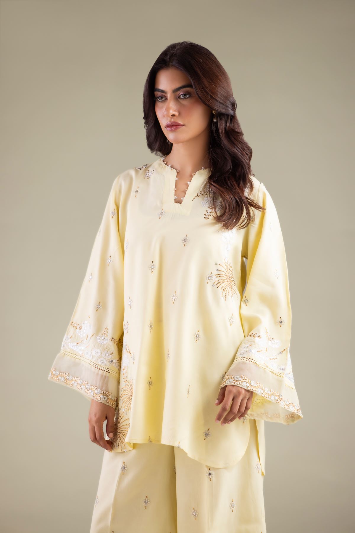 Embroidered Raw Silk Embellished V-Neck Kurta - 2-26-110-A-E-VG
