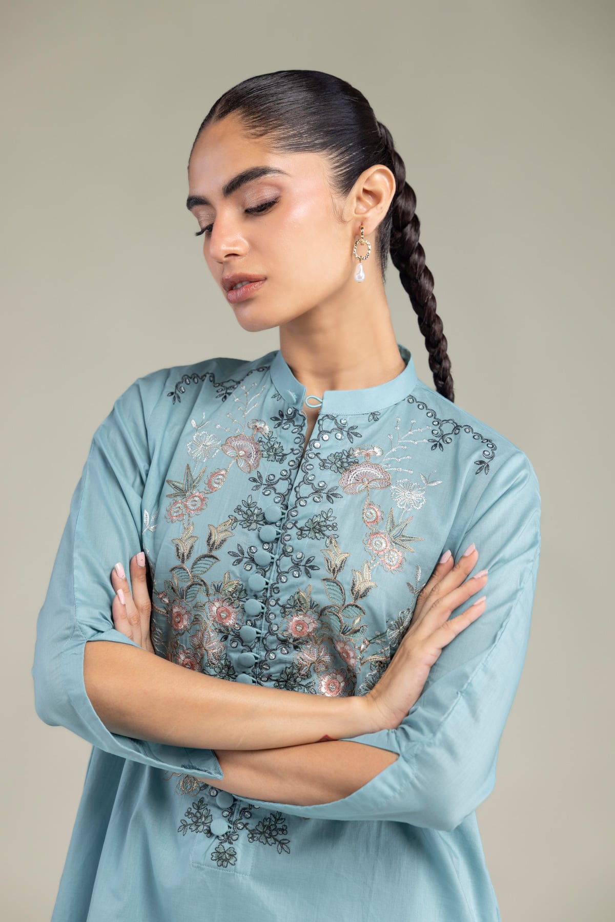 Embroidered Cambric Blue Floral Kurta - 1-26-102-A-F-VG