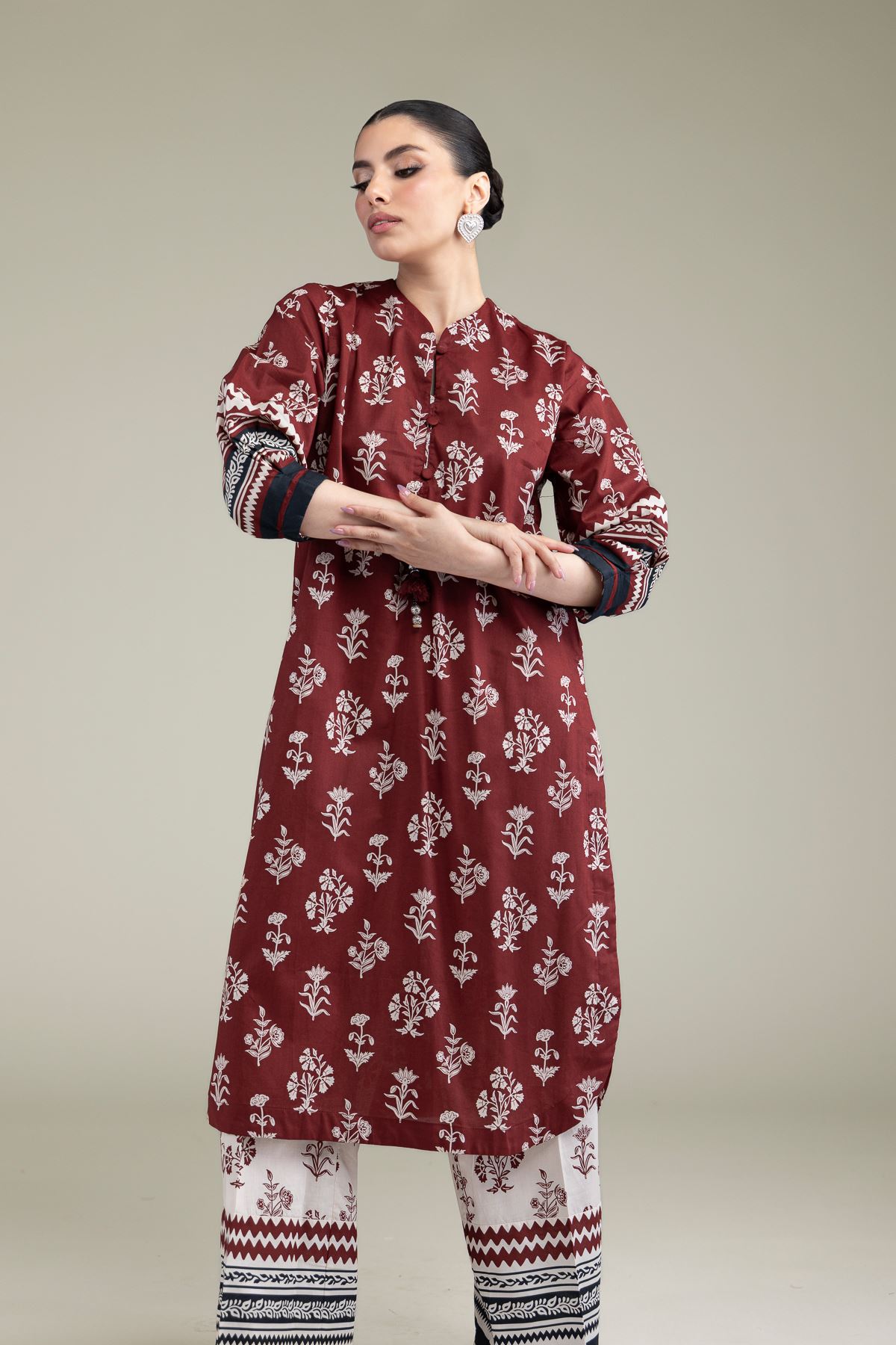 Printed Cambric Maroon Cambric Kurta - T-A33-26-206FH1-VG