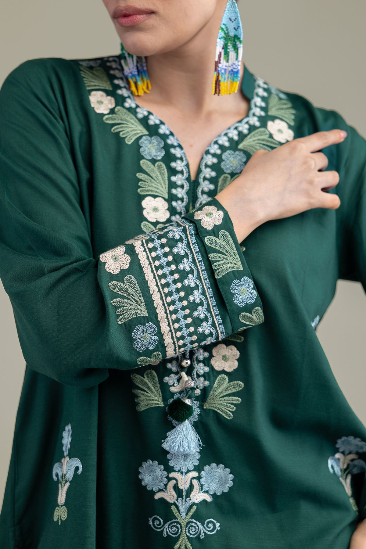 Embroidered Raw Silk Green V-Neck Kurta - 1-26-238-A-J1-VG