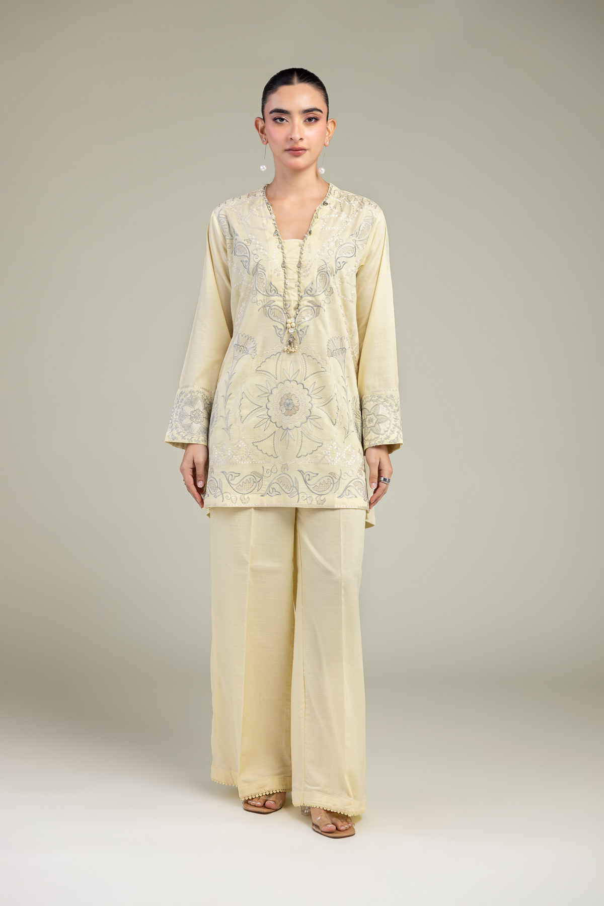 Embroidered Raw Silk Raw Silk Pants - 1-26-102-A-F-VG