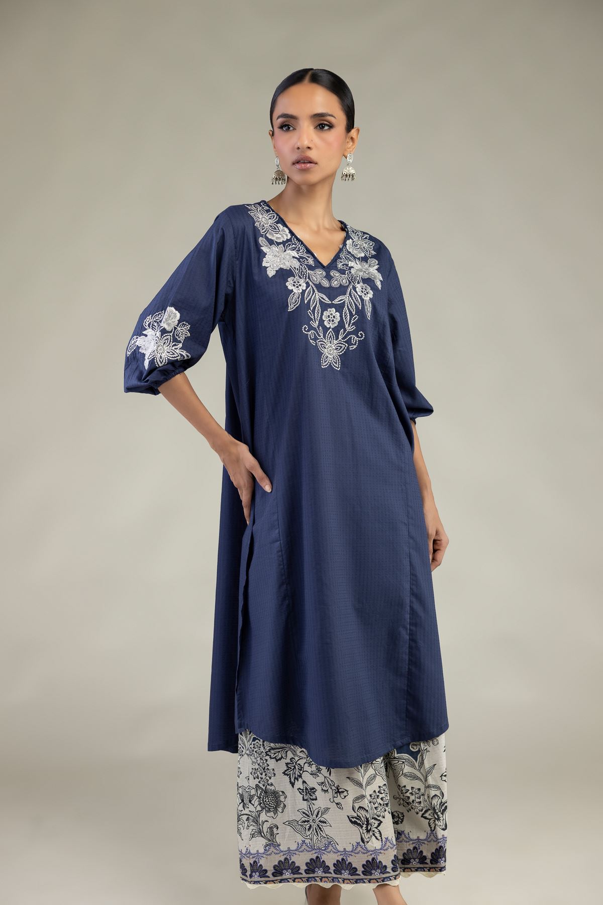Embroidered Cotton Dobby Floral V-Neck Kurta - 1-26-241-A-A1-VG