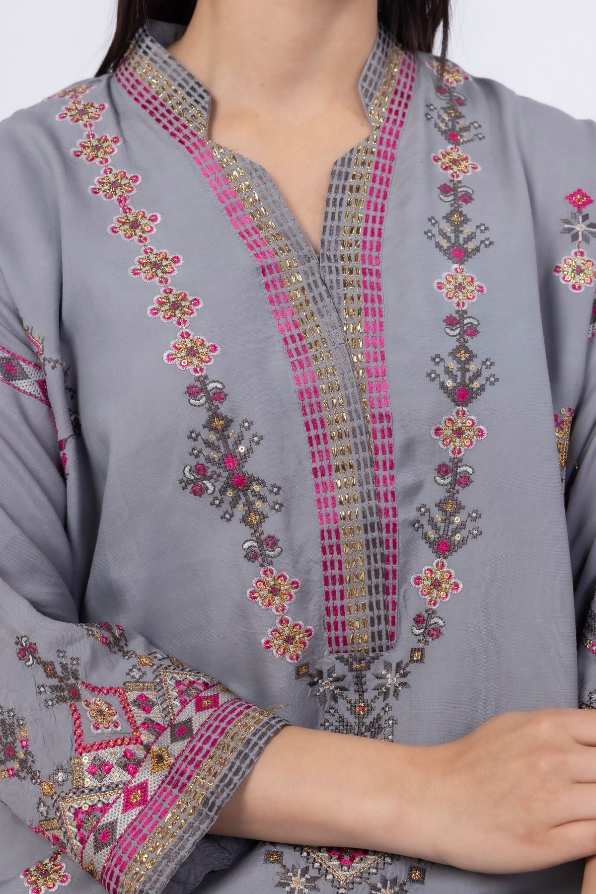Embroidered Russian Raw Silk Kurta - 25-04S19-02TA-VG