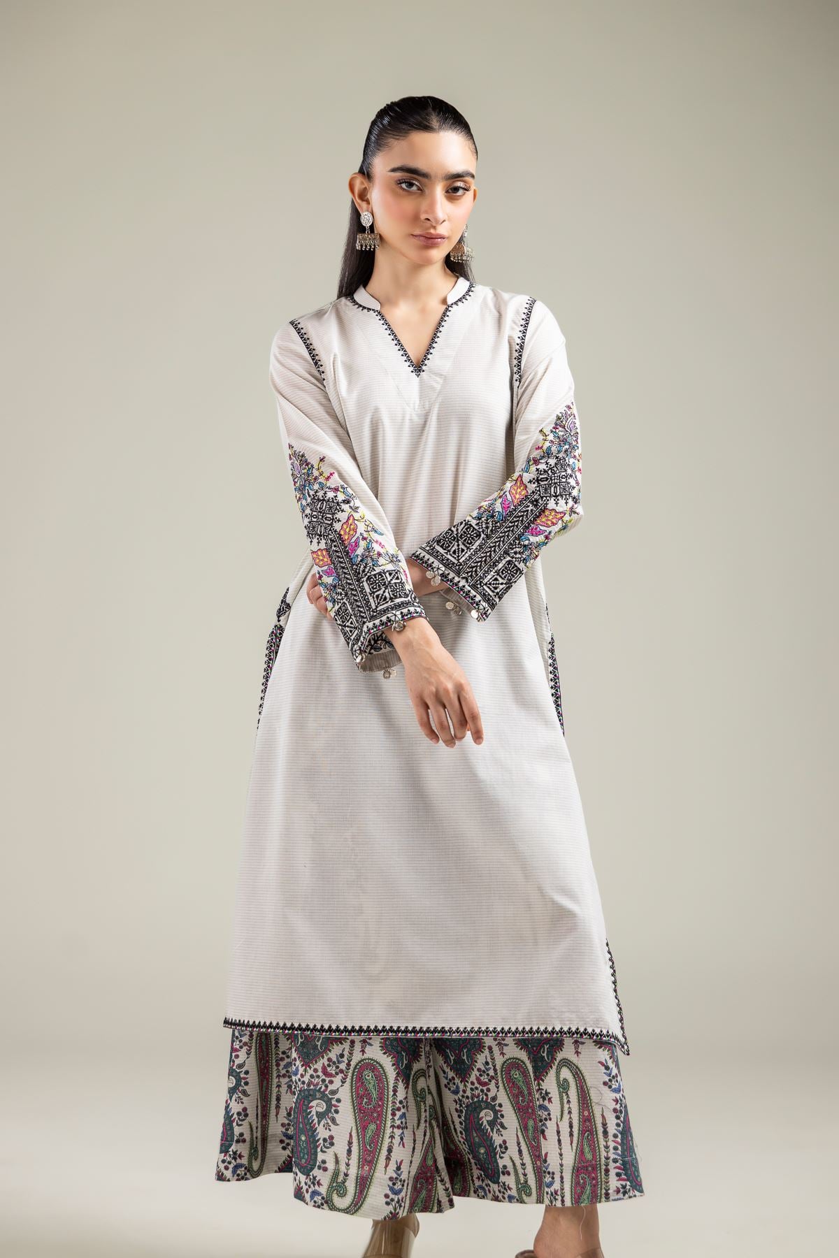 Embroidered Mesuri Off-White Longline Kurta - 1-26-142-A-B-VG