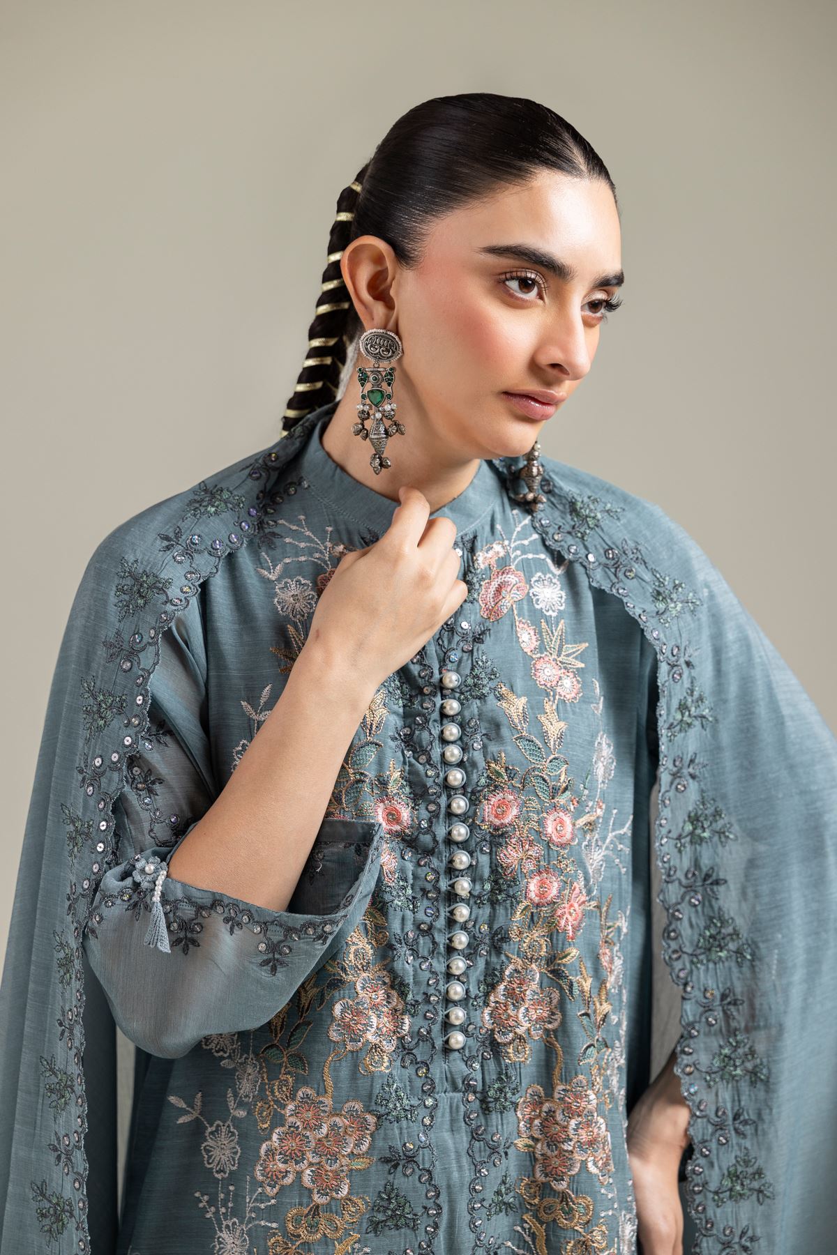 Paper Silk Floral Teal Dupatta - 2-26-202-A-G-VG