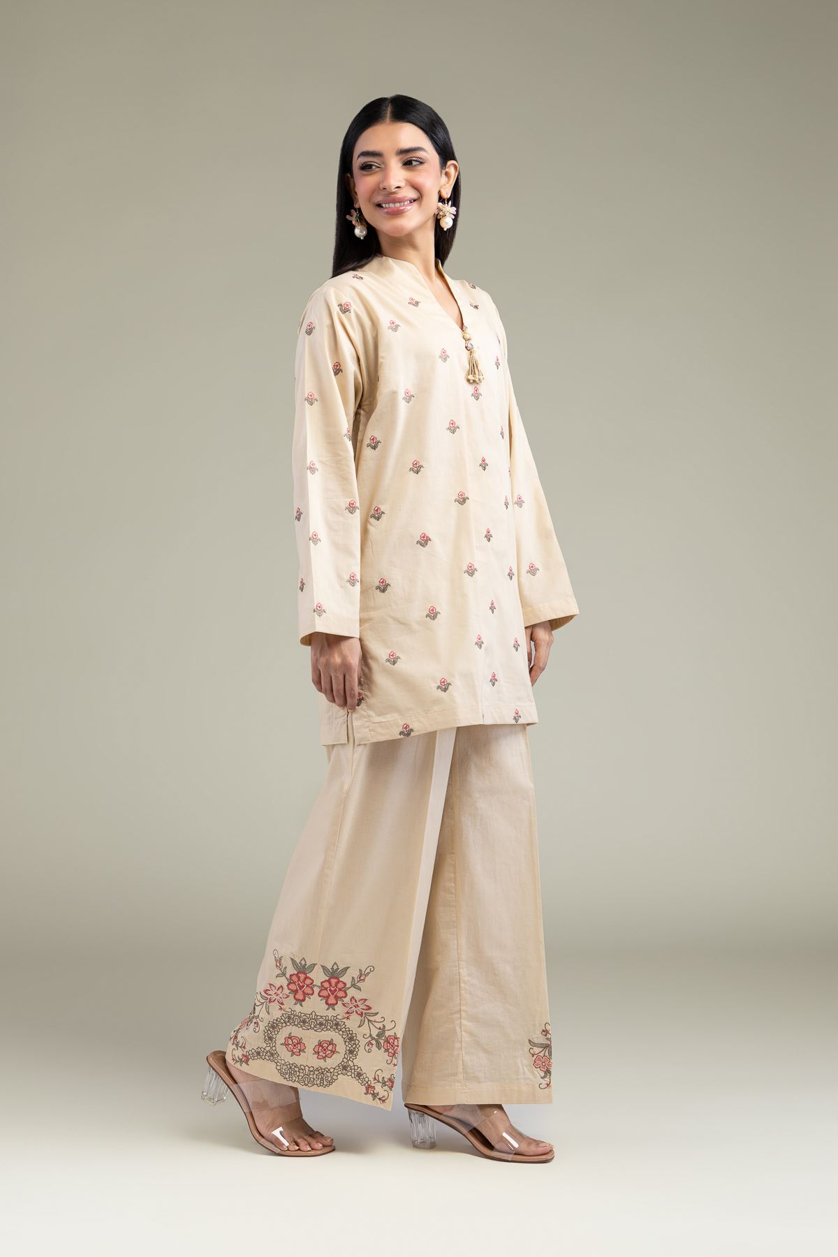 Embroidered Cambric Floral Beige Pants - 1-26-219-A-F1-VG