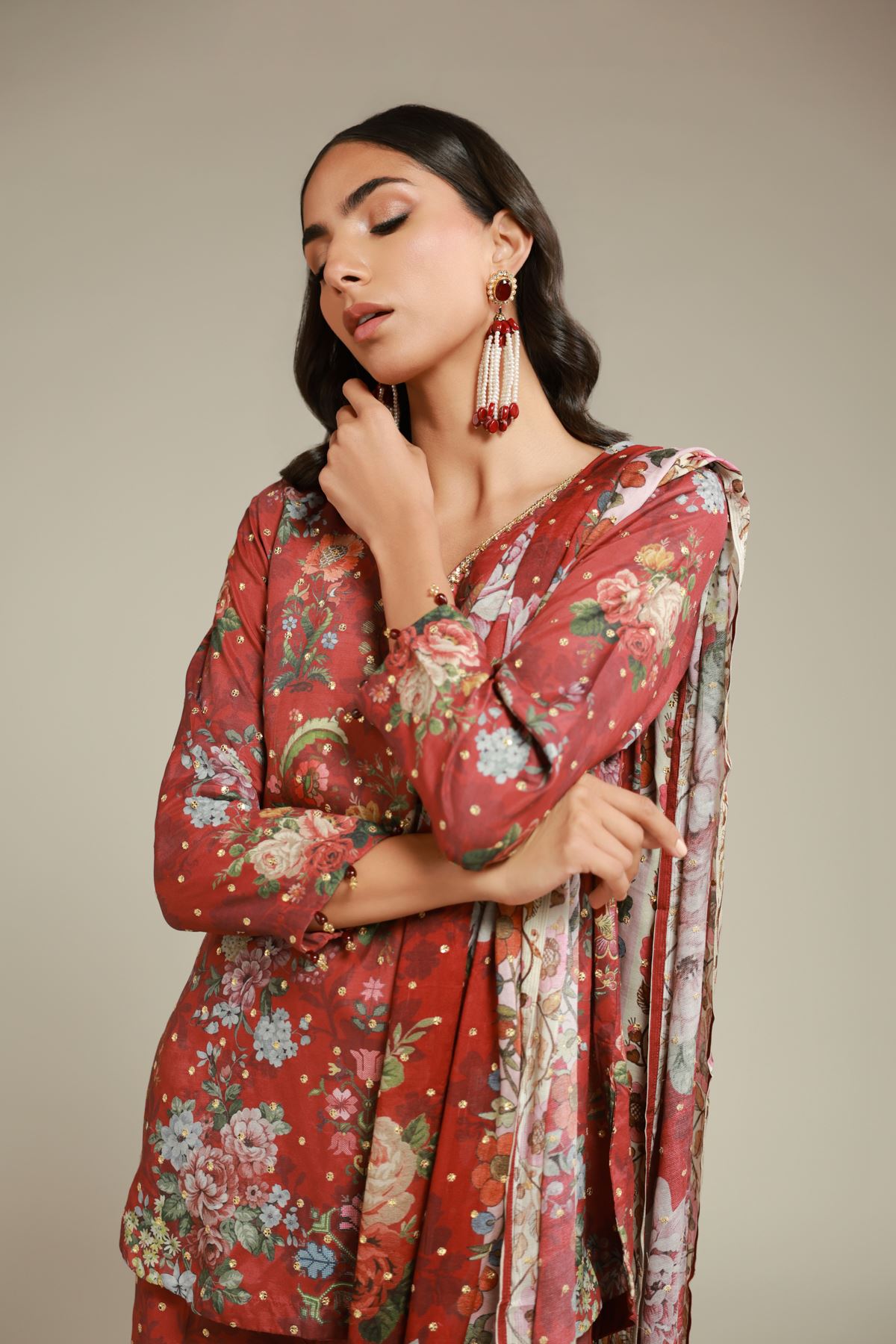 Embroidered Raw Silk 3 Piece Co-ord Set - 25-12-12S4-02TA-VG