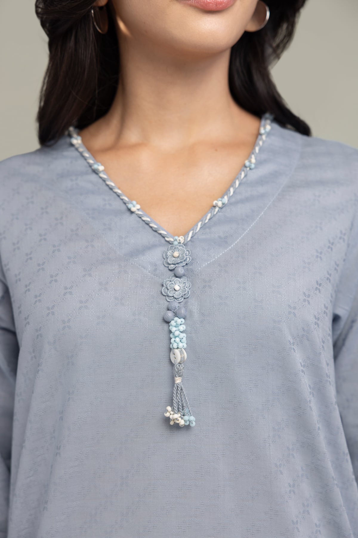 Dyed Cotton Dobby V-Neck Cotton Kurta - 1-26-244-A-D1-VG