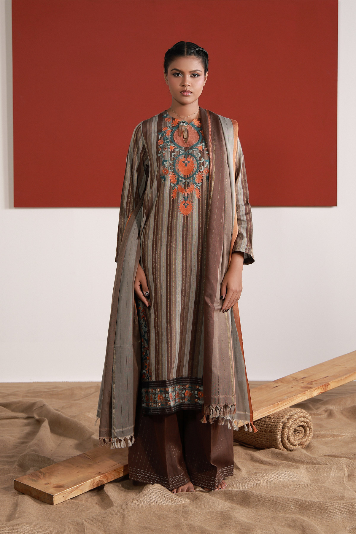 Yarn Dyed Embroidered Handwoven Kurta - 2-26-202-A-D-VG