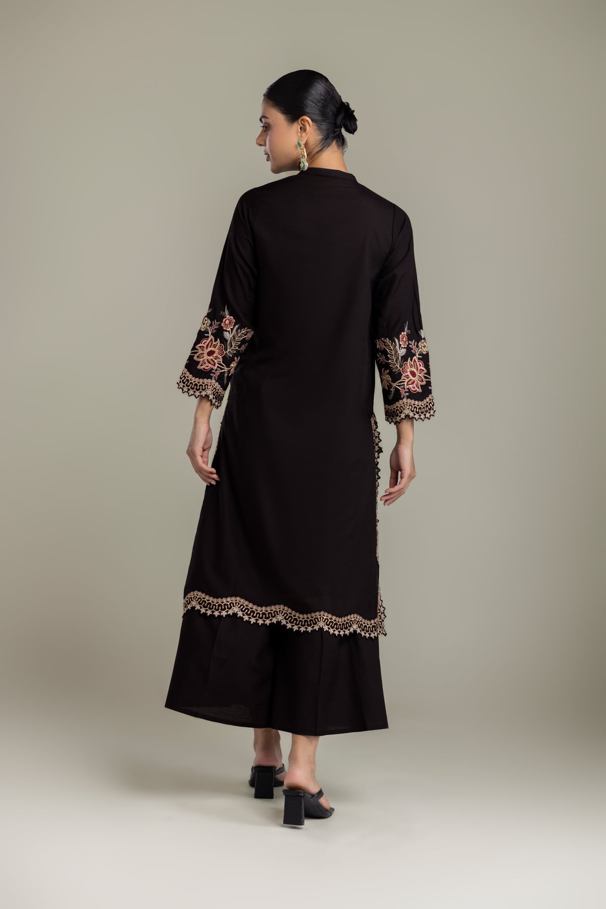 Embroidered Raw Silk Floral Black Kurta - 2-26-202-A-D-VG