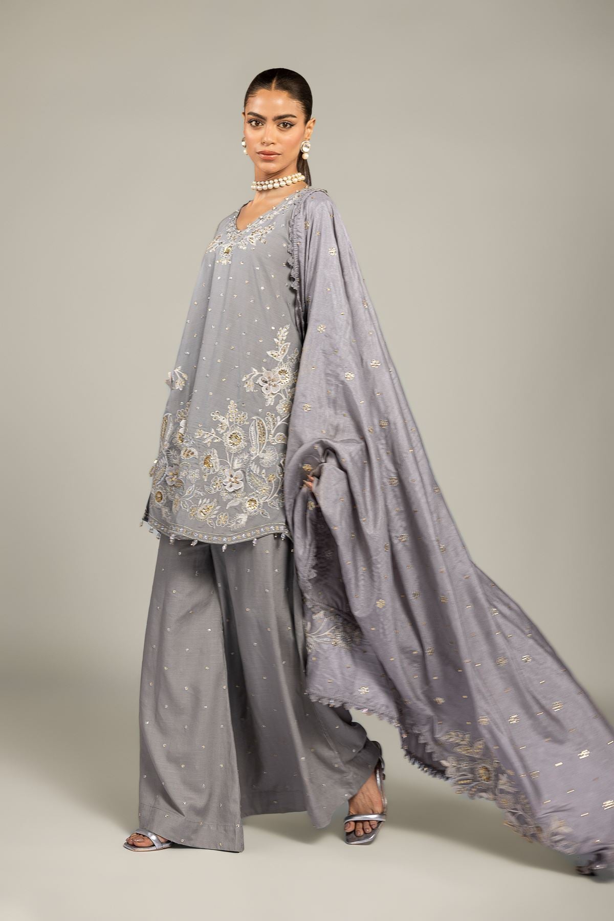 Embroidered Raw Silk 3-Piece Co-ord Set - 5-26-201-F-A-VG