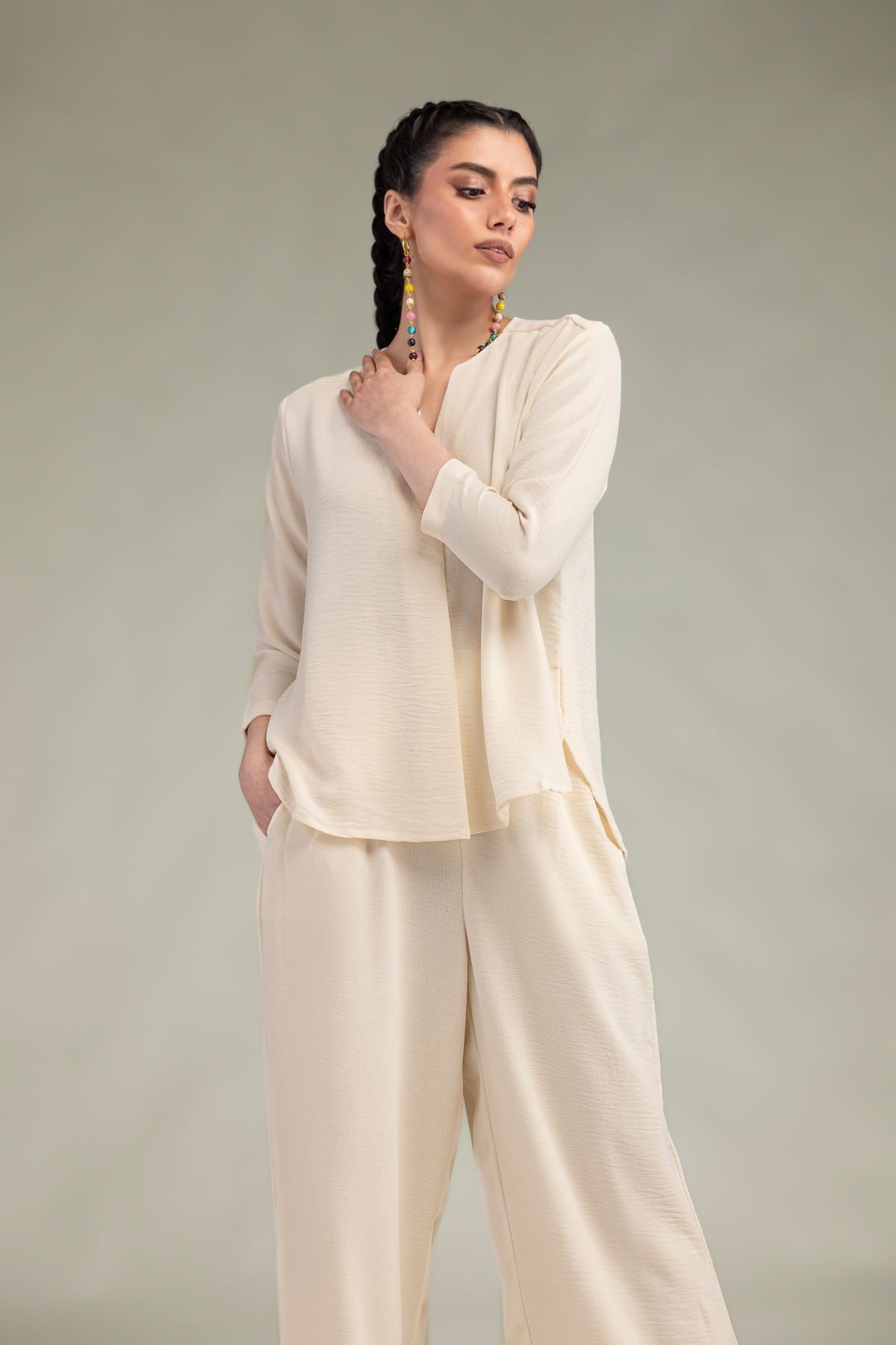 Dyed Crepe Georgette Solid V-Neck Shirt - 6-26-207-B-E1-VG