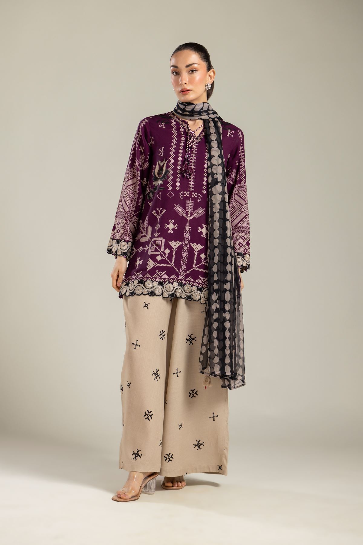 Embroidered Raw Silk Beige Silk Pants - 1-26-108-A-F-VG