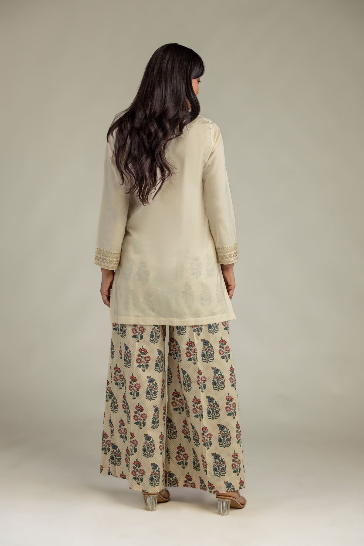 Embroidered Cambric Beige V-Neck Kurta - 8-26-303-A-C1-VG