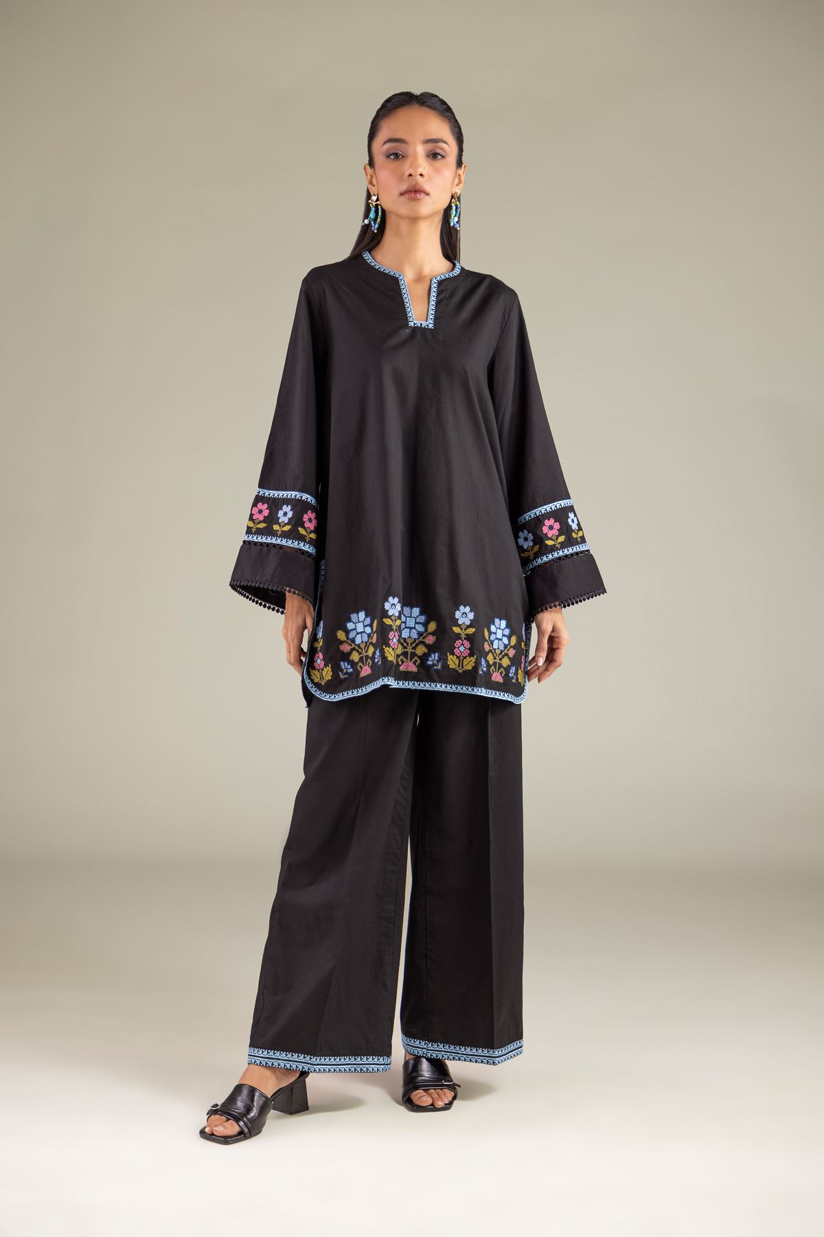 Embroidered Cambric Floral Flared Kurta - 1-26-111-A-F-VG