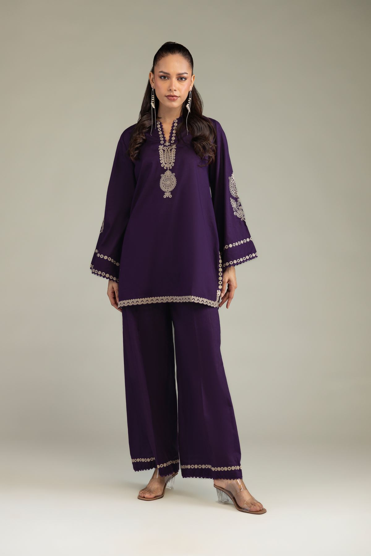 Embroidered Cambric Purple Cambric Pants - 1-26-244-A-G2-VG