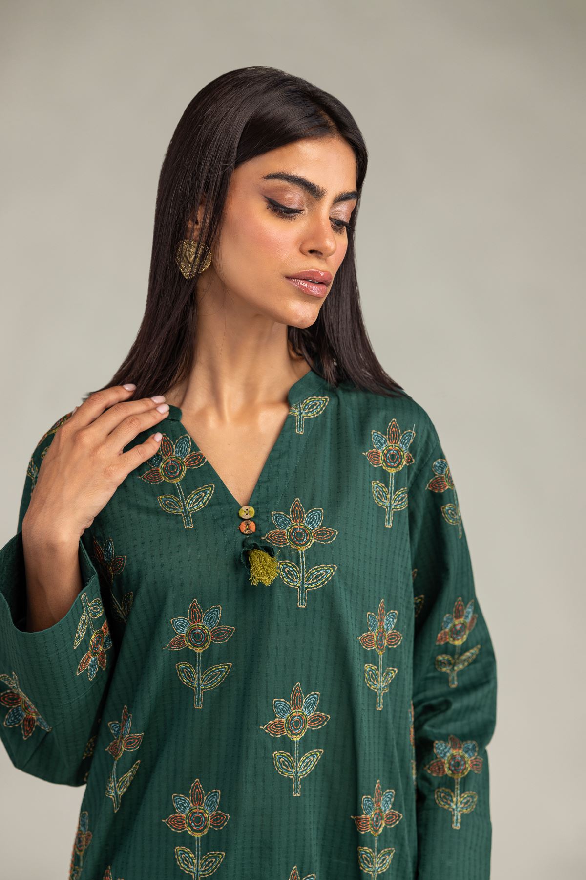 Embroidered Cotton Dobby Floral Longline Kurta - 2-26-301-B-F1-VG