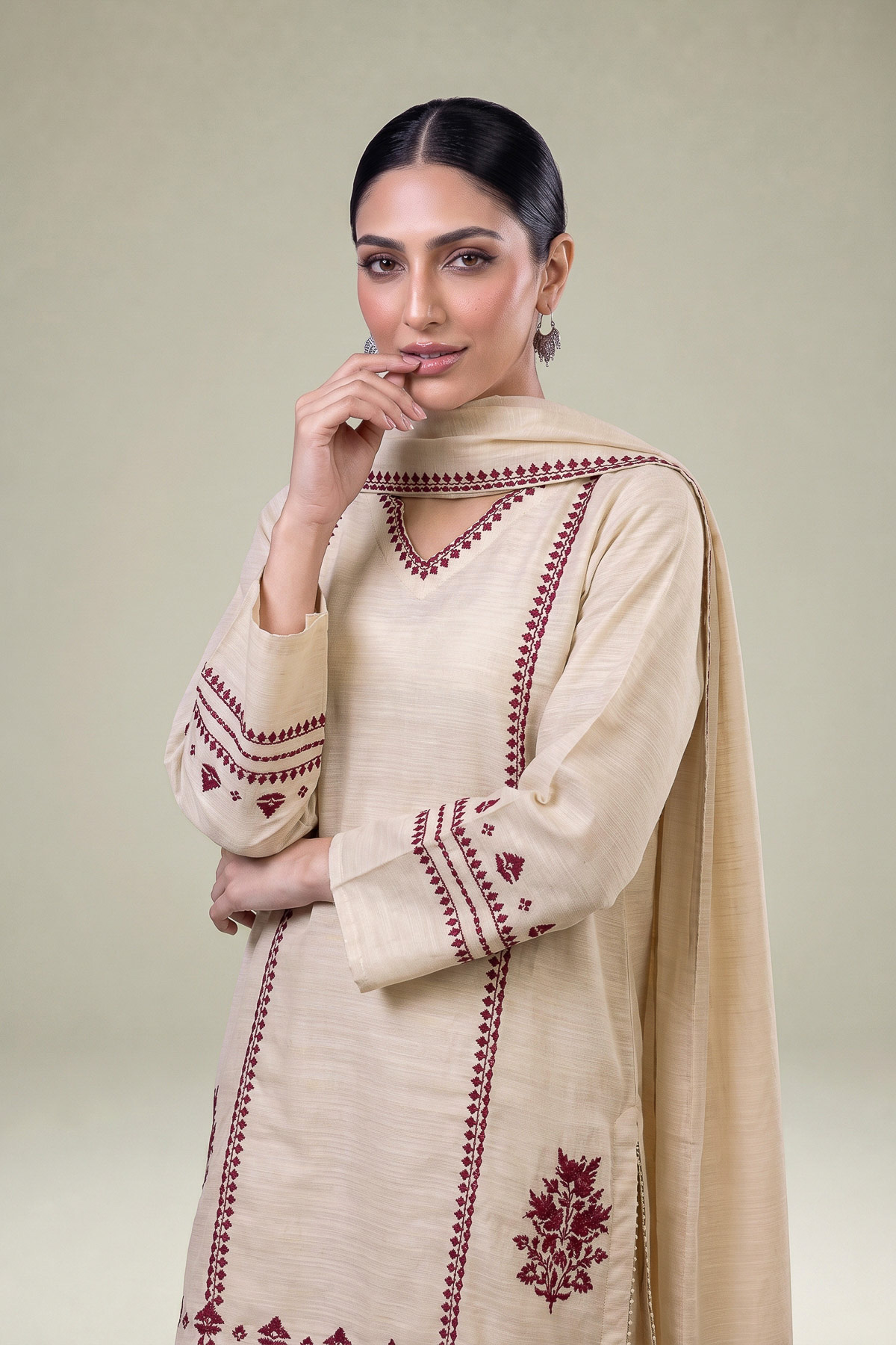 Embroidered Light Khaddar Floral Beige Dupatta - 1-26-457-A-C1-VG