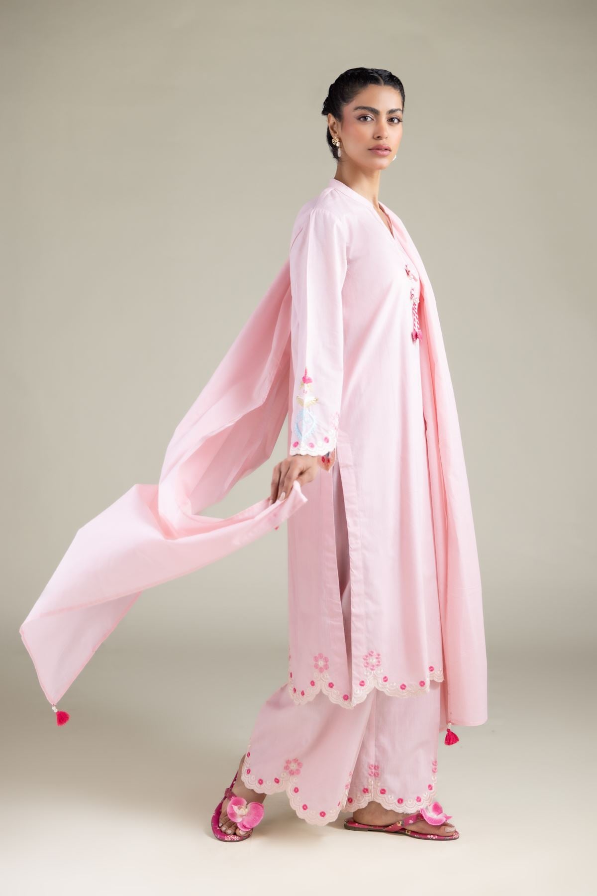 Embroidered Textured Cotton Tassel Dupatta - 1-26-143-A-H-VG