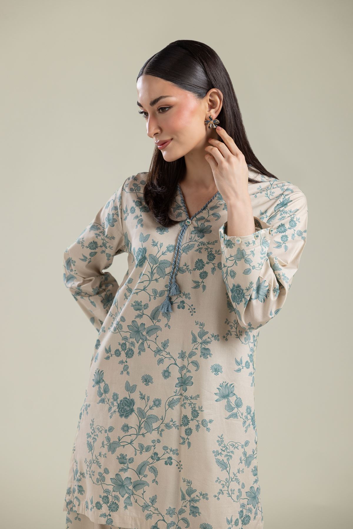 Printed Cotton Viscose Floral V-Neck Kurta - 1-26-204-A-F1-VG