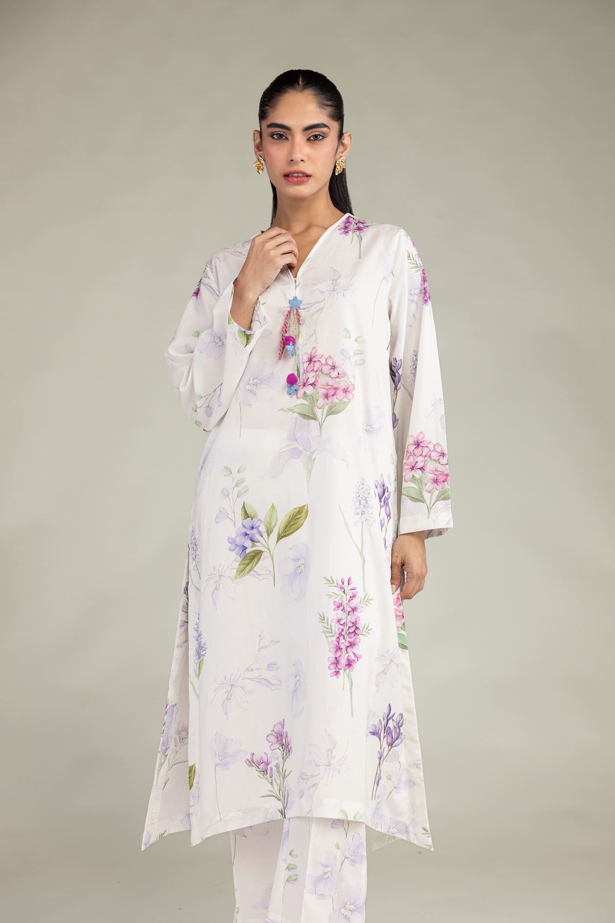 Printed Cotton Viscose White V-Neck Kurta - T-CHD04A-R-VG