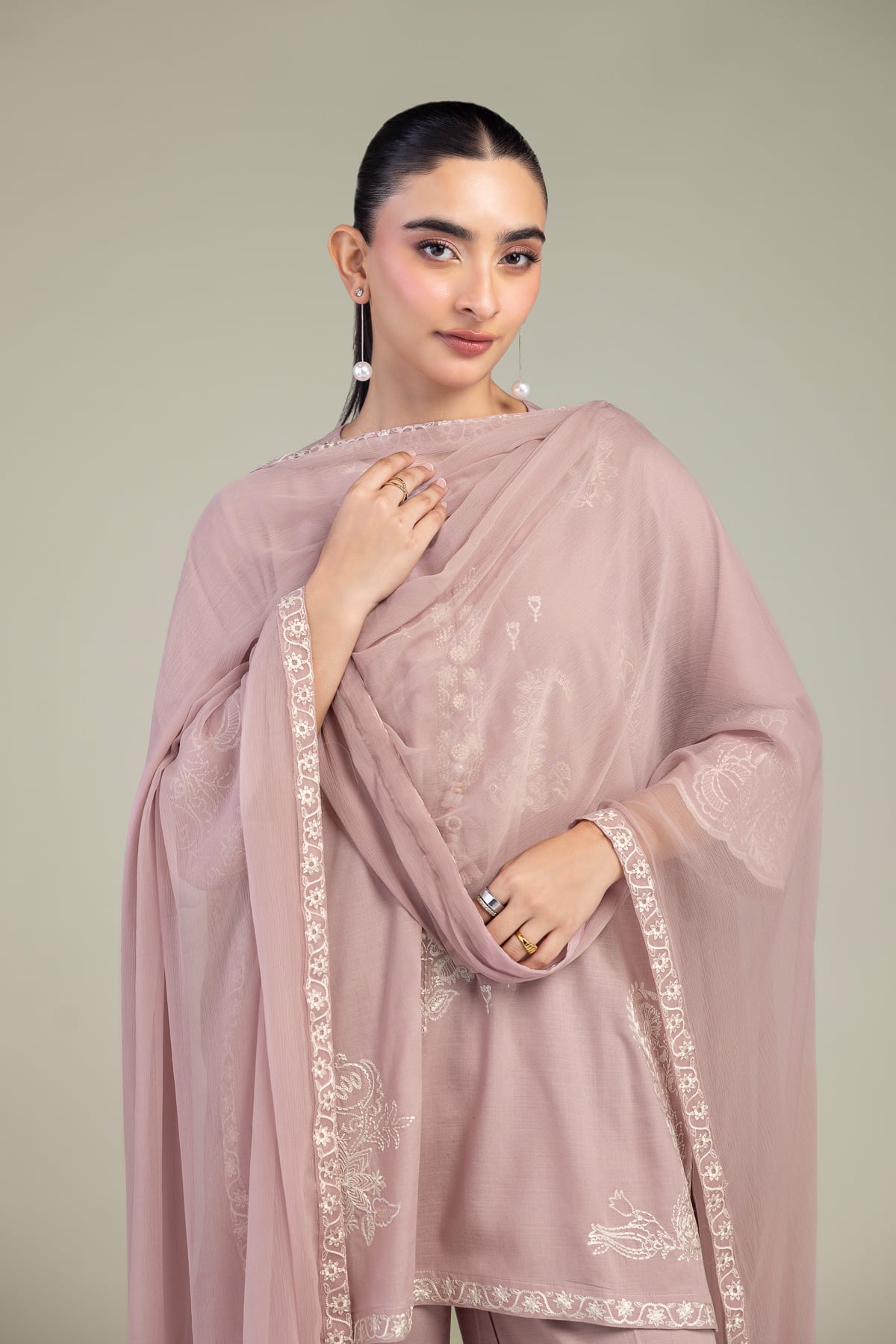Embroidered Chiffon Pink Floral Dupatta - 1-26-309-B-D1-VG