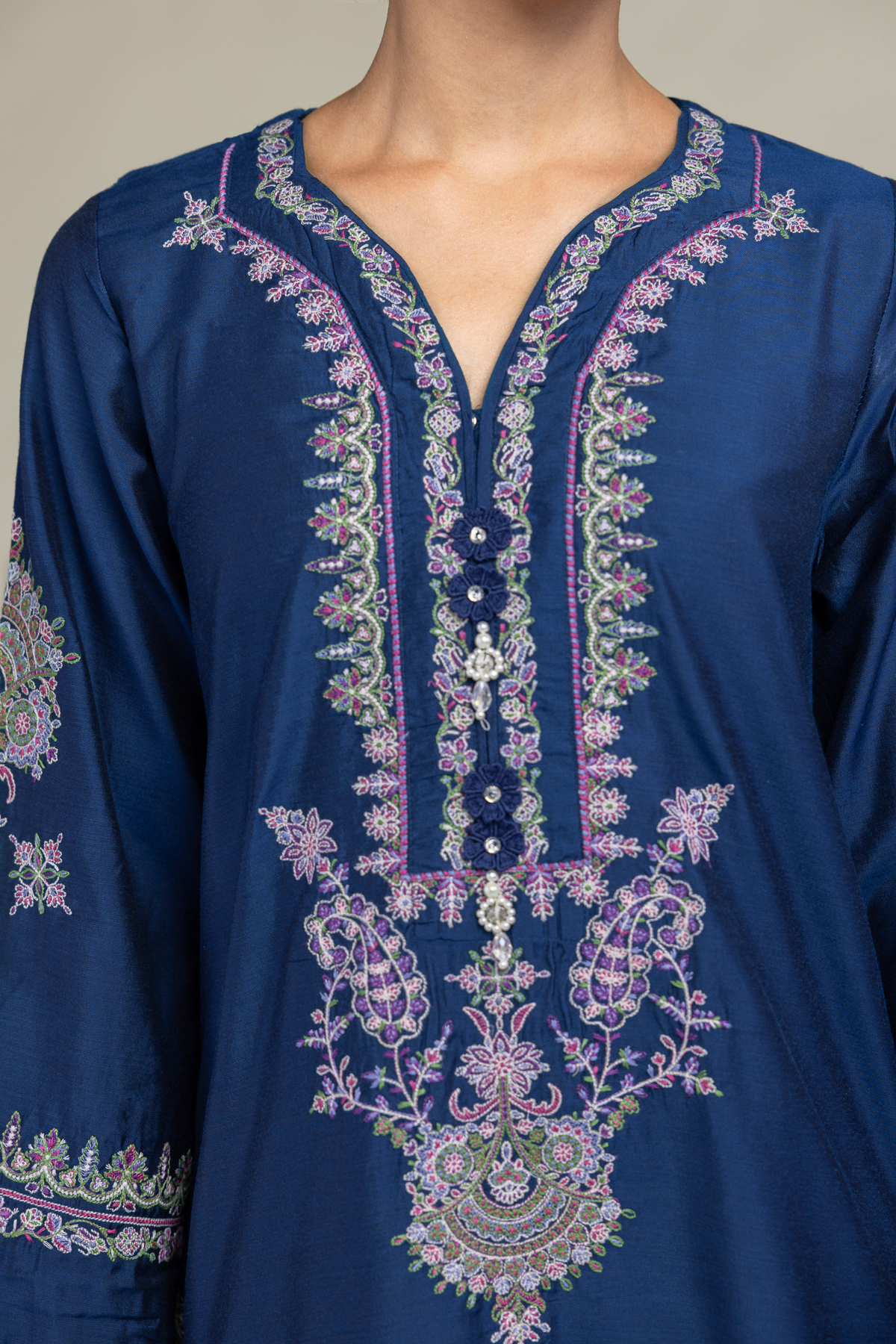Embroidered Raw Silk Navy Longline Kurta - 1-26-249-A-J2-VG