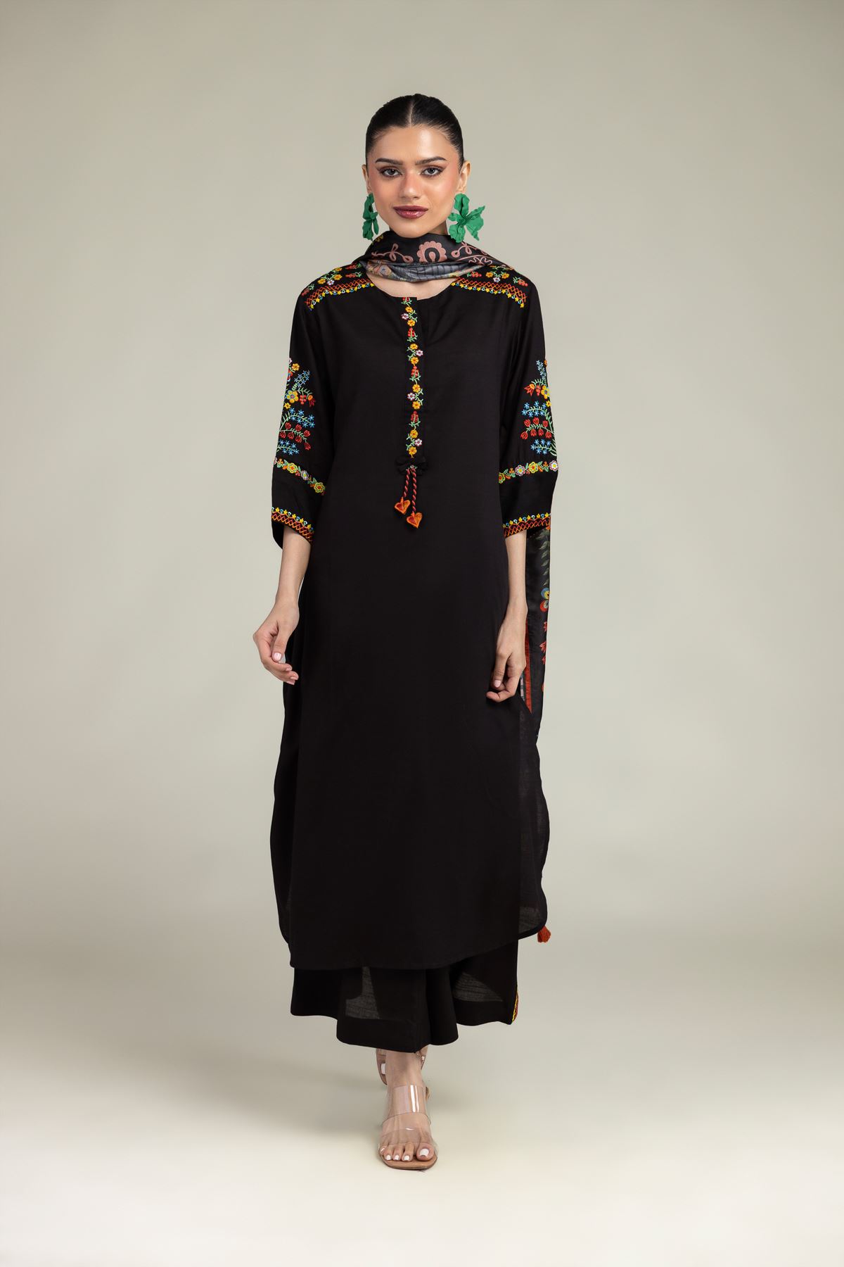 Embroidered Polyester Silk Floral Black Dupatta - 1-26-203-A-G1-VG