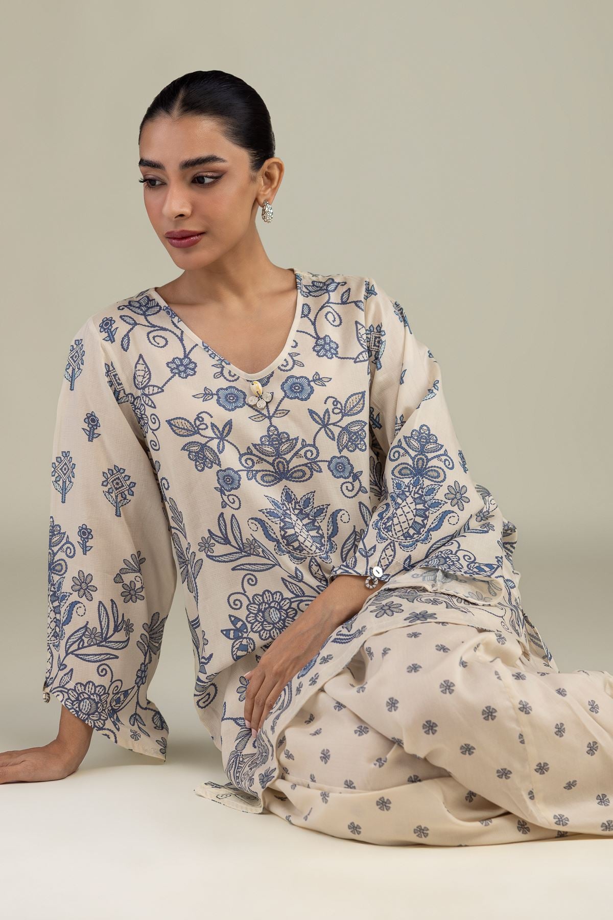 Printed Textured Weave Short Floral Kurta - 1-26-229-B-F1-VG